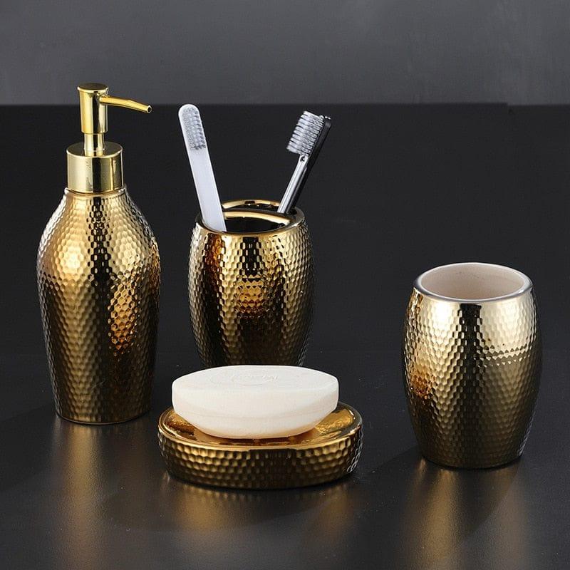 Shop 0 4 pcs/ lot Nordic golden ceramic wash set Bathroom Accessories Soap Dispenser Toothbrush Holder Bathroom Supplies WF Mademoiselle Home Decor