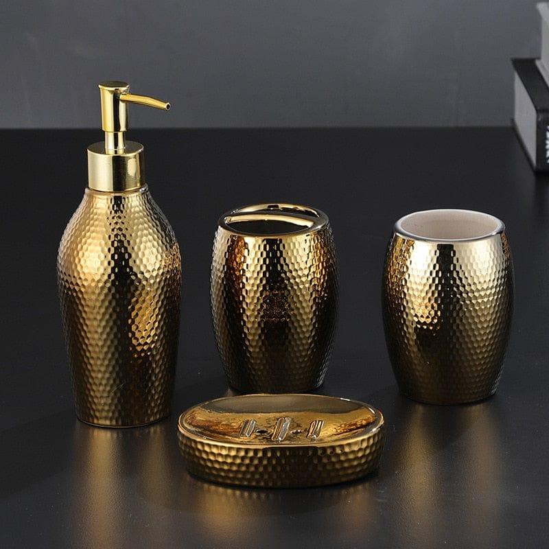 Shop 0 4 pcs/ lot Nordic golden ceramic wash set Bathroom Accessories Soap Dispenser Toothbrush Holder Bathroom Supplies WF Mademoiselle Home Decor