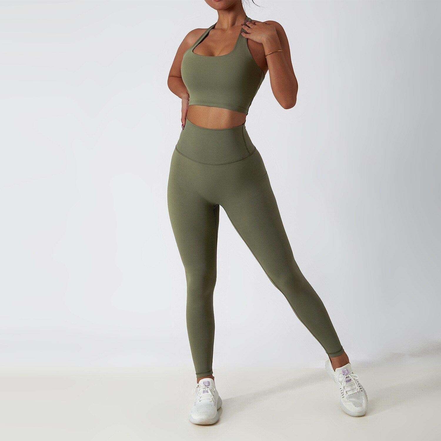 Shop 0 army green bra set / S / China 2 Piece Yoga Suits Yoga Clothes Women High Waist Leggings Zipper Long Sleeves Gym Workout Fitness Clothes Set Running Sportswear Mademoiselle Home Decor
