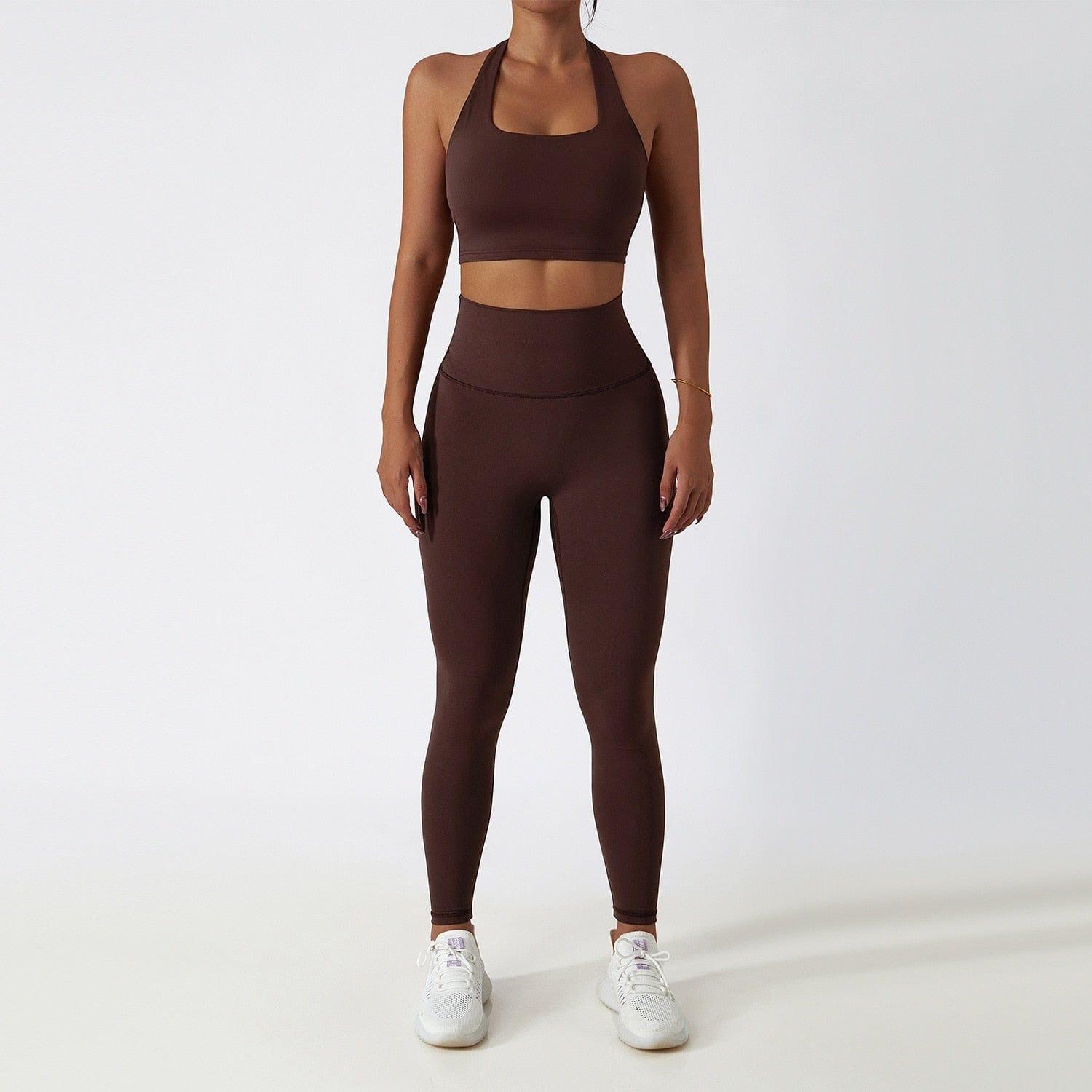 Shop 0 dark brown bra set / S / China 2 Piece Yoga Suits Yoga Clothes Women High Waist Leggings Zipper Long Sleeves Gym Workout Fitness Clothes Set Running Sportswear Mademoiselle Home Decor