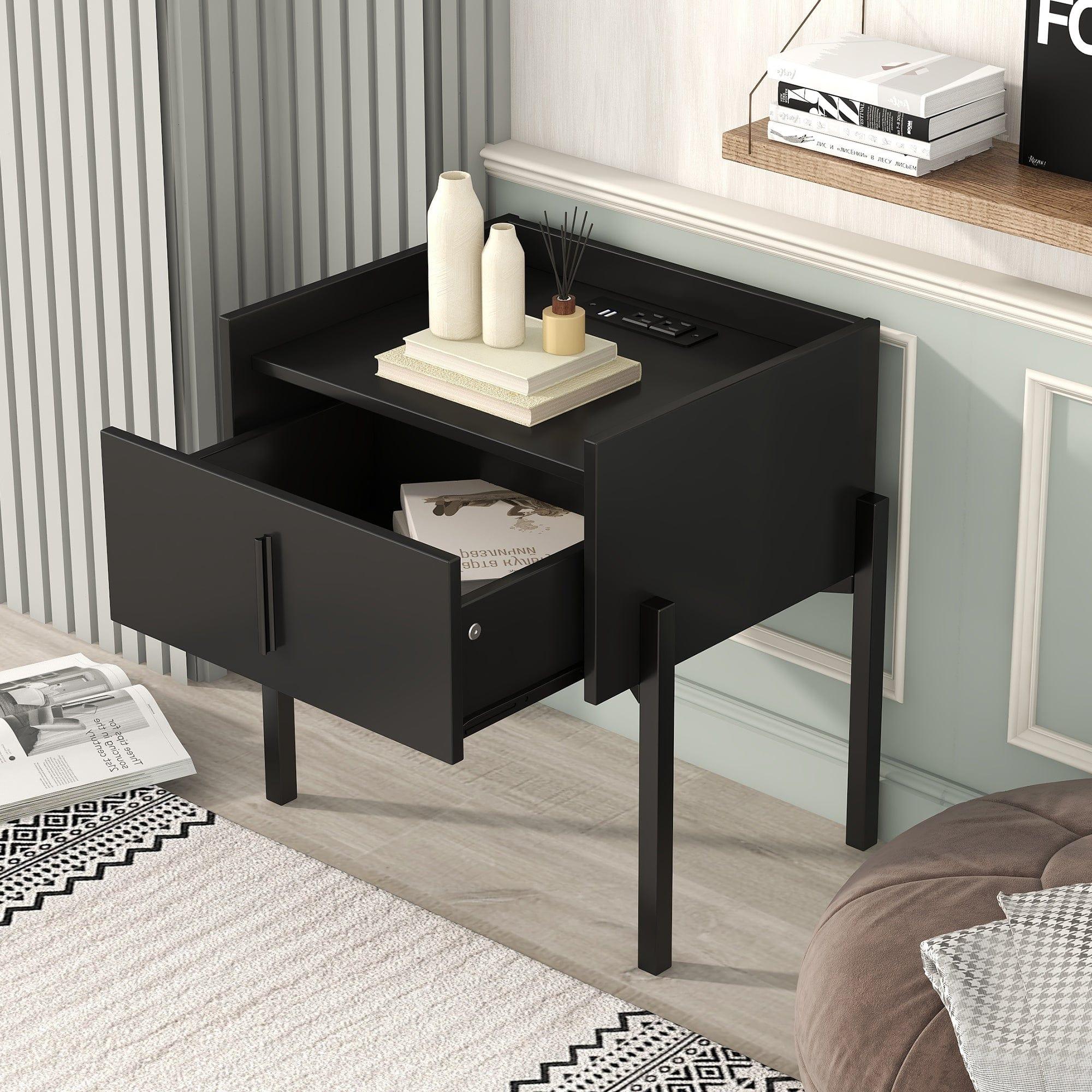 Shop Nightstand with Drawer ,Storage Bedside Table with USB Charging Ports- Black Mademoiselle Home Decor