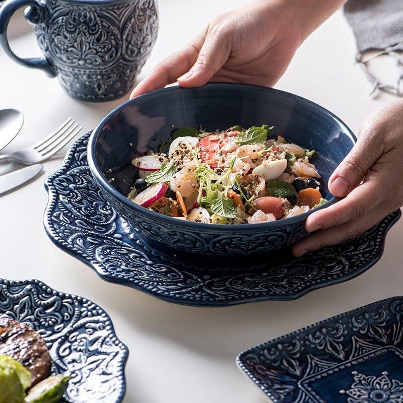 Shop 0 Blue Retro Ceramic Dinner Plate Relief High-end Western Plates Mug Dinnerware Steak Dish Salad Soup Noodles Rice Bowl Tableware Mademoiselle Home Decor