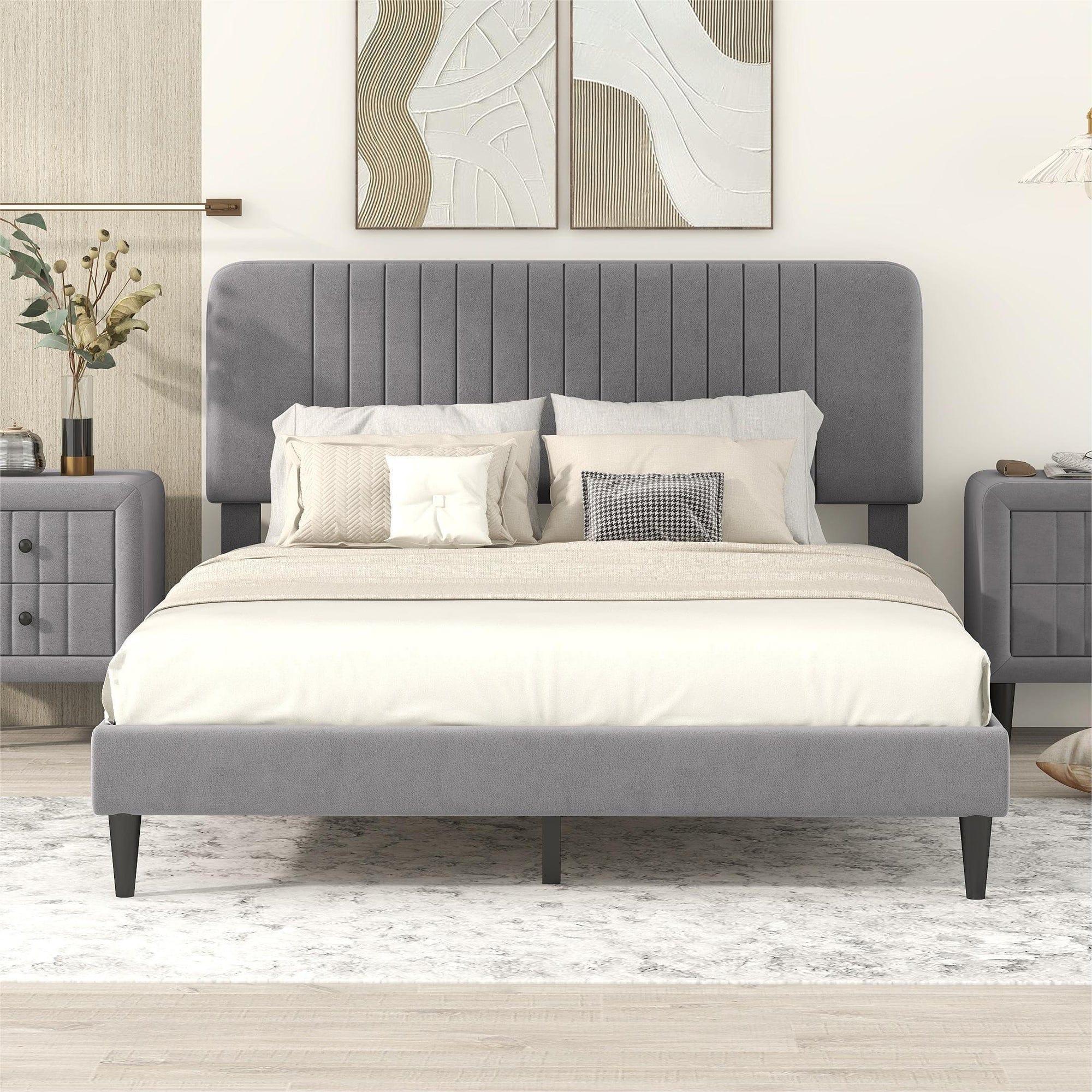 Shop Queen Size Upholstered Platform Bed,No Box Spring Needed, Velvet Fabric,Gray Mademoiselle Home Decor