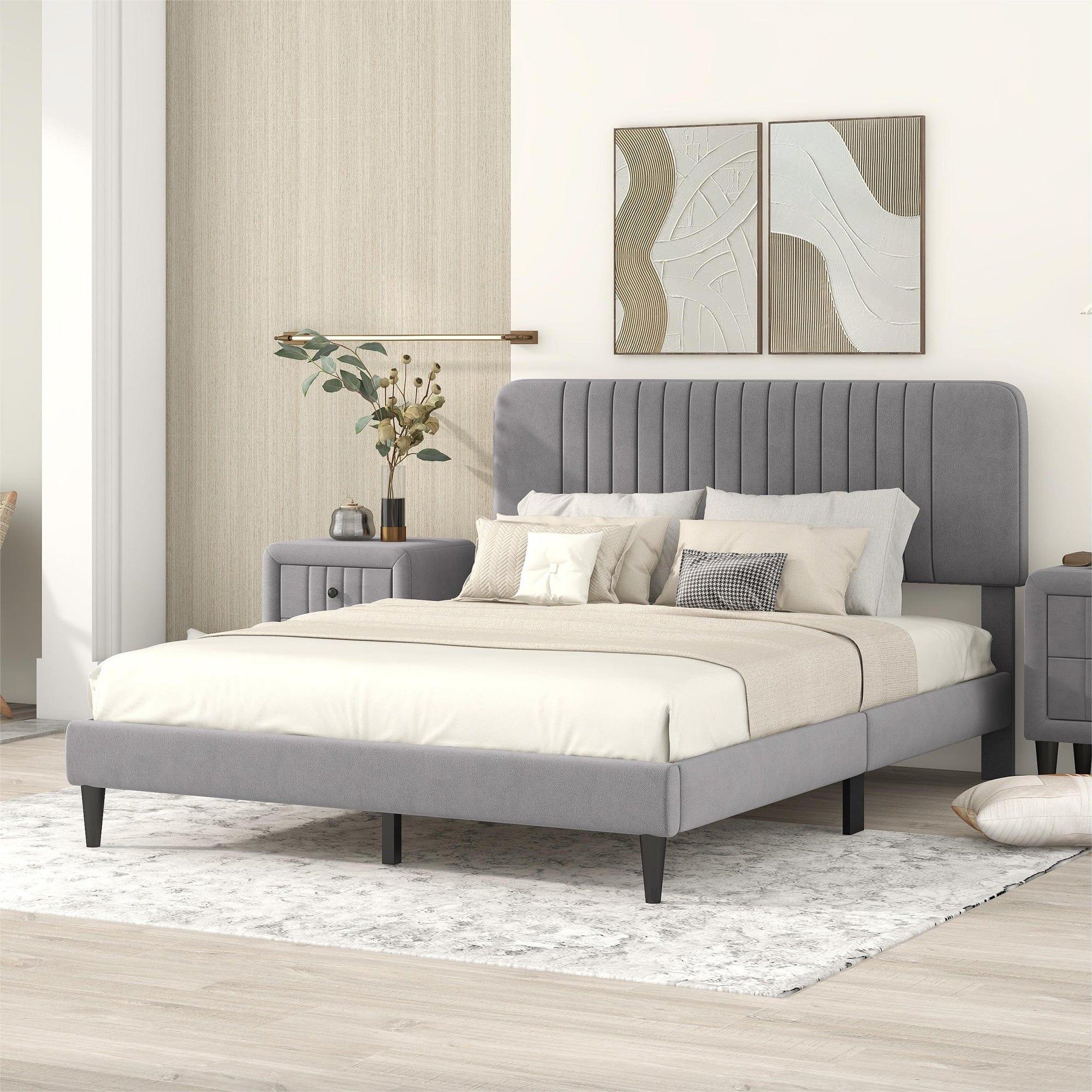 Shop Queen Size Upholstered Platform Bed,No Box Spring Needed, Velvet Fabric,Gray Mademoiselle Home Decor