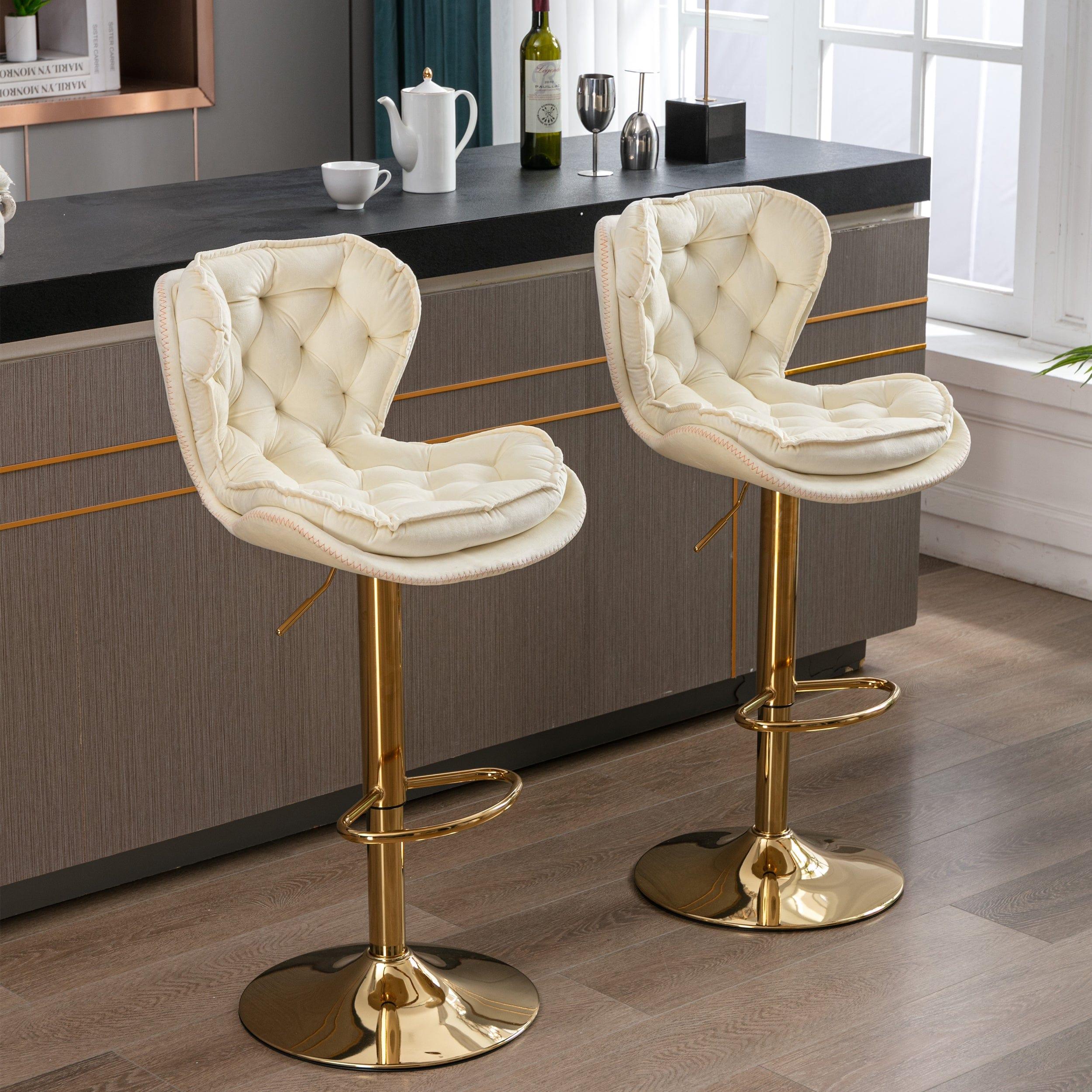 Shop Set of 2  Bar Stools,with Chrome Footrest and Base Swivel Height Adjustable Mechanical Lifting Velvet + Golden Leg Simple Bar Stool-cream Mademoiselle Home Decor