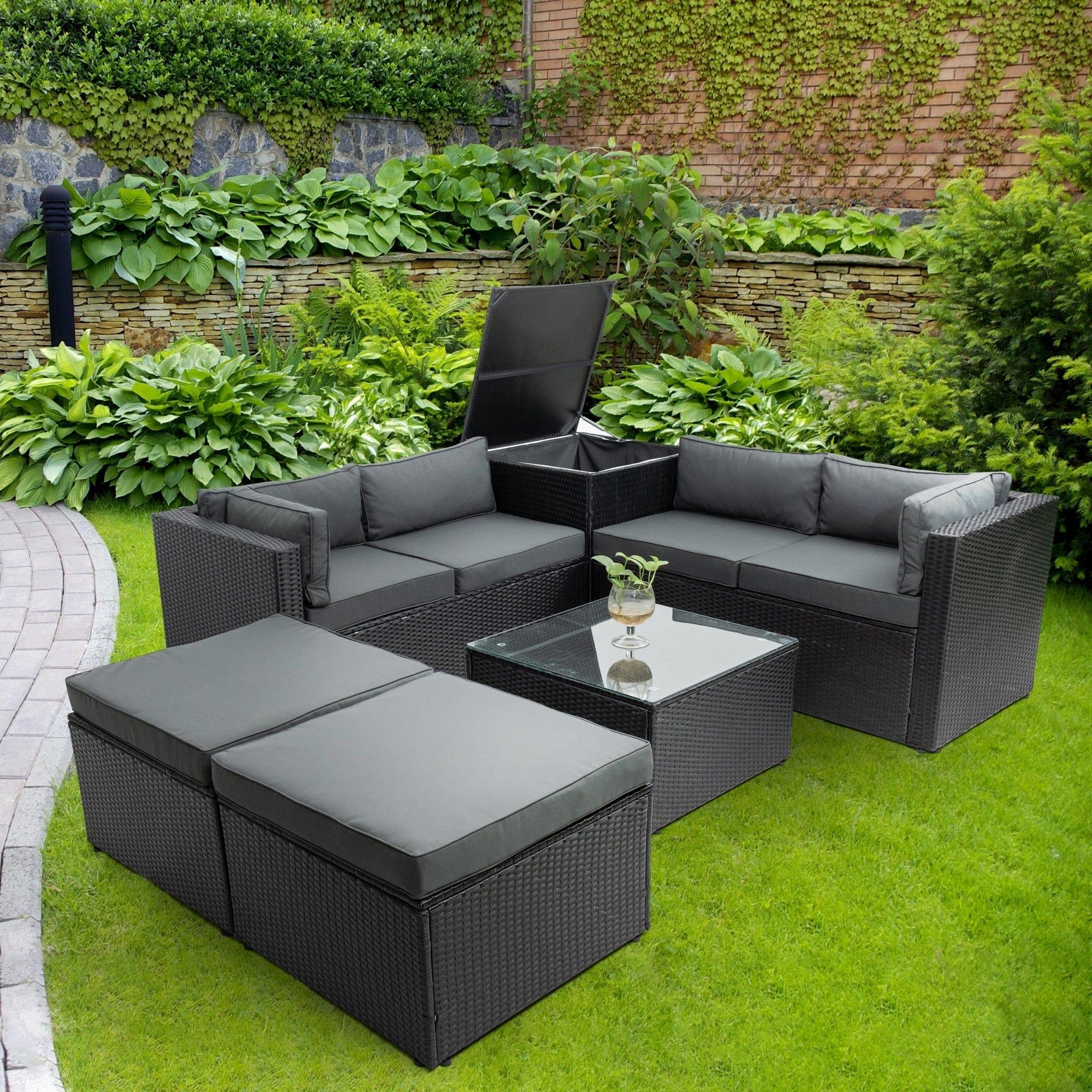 Shop 6 Piece Patio Rattan Wicker Outdoor Furniture Conversation Sofa Set with Storage Box Removeable Cushions and Temper glass TableTop Mademoiselle Home Decor