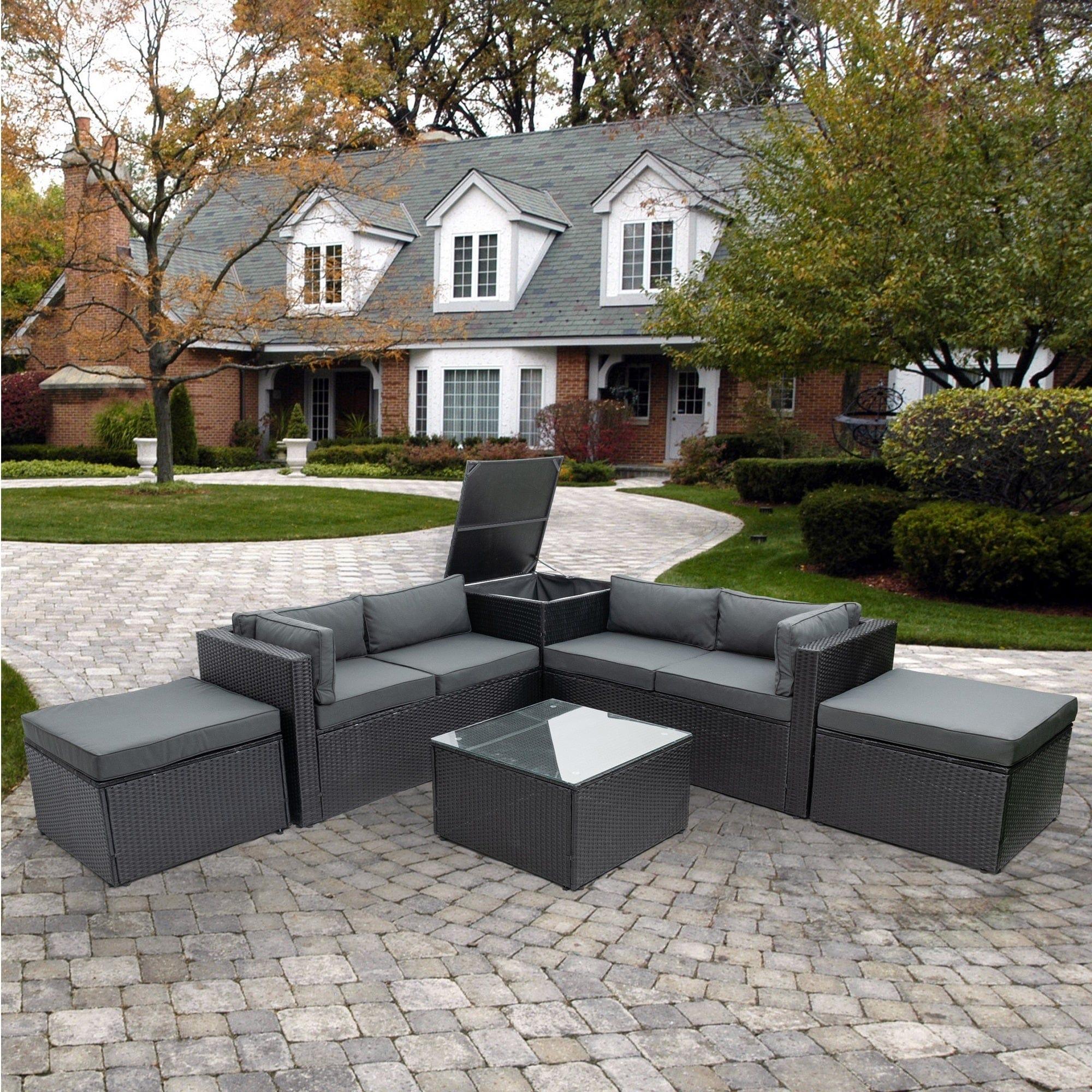 Shop 6 Piece Patio Rattan Wicker Outdoor Furniture Conversation Sofa Set with Storage Box Removeable Cushions and Temper glass TableTop Mademoiselle Home Decor