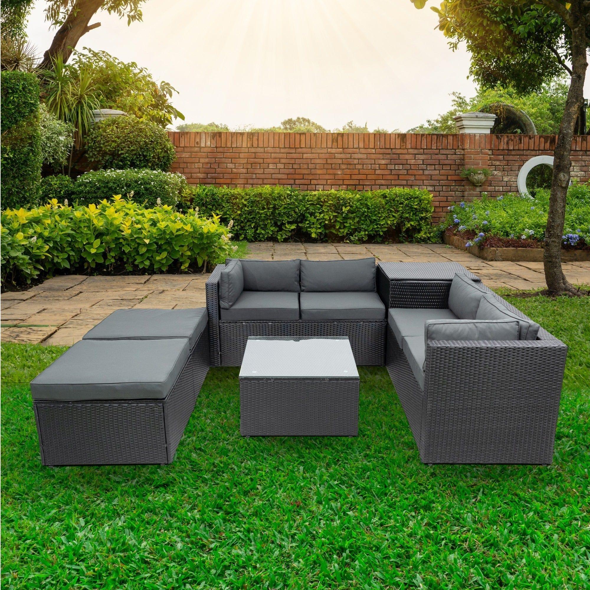 Shop 6 Piece Patio Rattan Wicker Outdoor Furniture Conversation Sofa Set with Storage Box Removeable Cushions and Temper glass TableTop Mademoiselle Home Decor