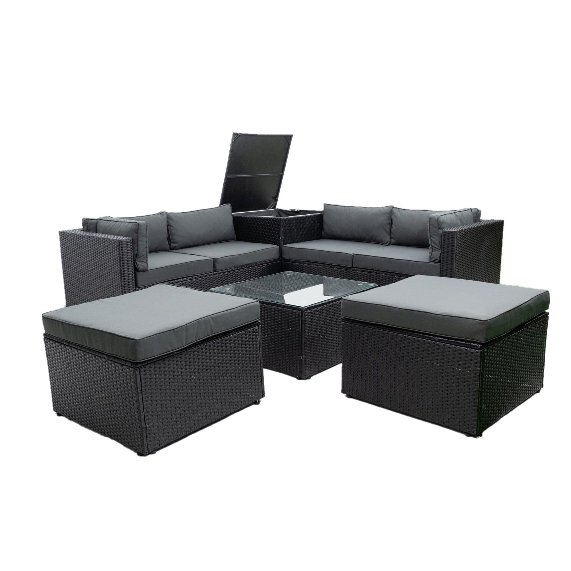 Shop 6 Piece Patio Rattan Wicker Outdoor Furniture Conversation Sofa Set with Storage Box Removeable Cushions and Temper glass TableTop Mademoiselle Home Decor