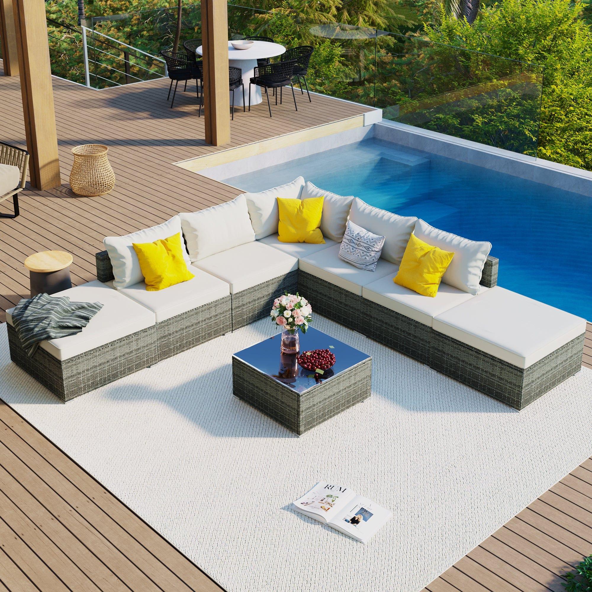 Shop 8-Pieces Outdoor Patio Furniture Sets, Garden Conversation Wicker Sofa Set, Single Sofa Combinable, Beige Cushions Gray Wicker Mademoiselle Home Decor