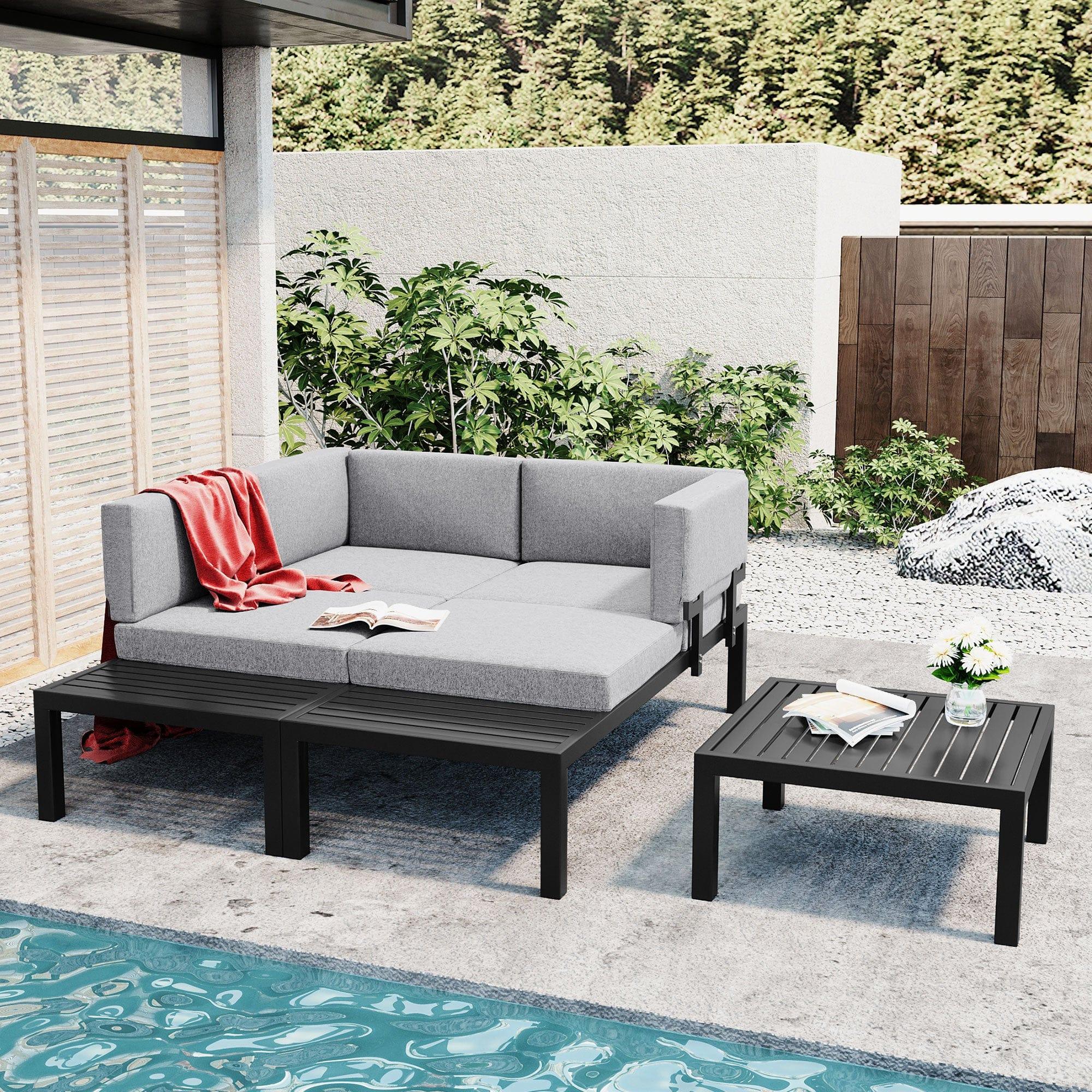 Shop TOPMAX Outdoor 3-piece Aluminum Alloy Sectional Sofa Set with End Table and Coffee Table,Black Frame+Gray Cushion Mademoiselle Home Decor