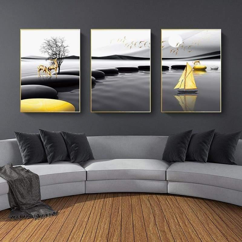Shop 0 Modern Landscape Poster Black Yellow Stone Boat Deer Wall Art Canvas Painting Nordic Print Wall Pictures Living room Decoration Mademoiselle Home Decor