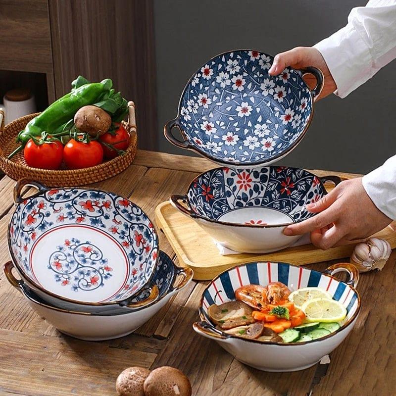 Shop 0 700ml Ceramic Salad Bowl With Handle Kitchen Soup Noodle Bowl Pasta Fruit Plate Japanese Tableware Microwave Oven Bakware Pan Mademoiselle Home Decor