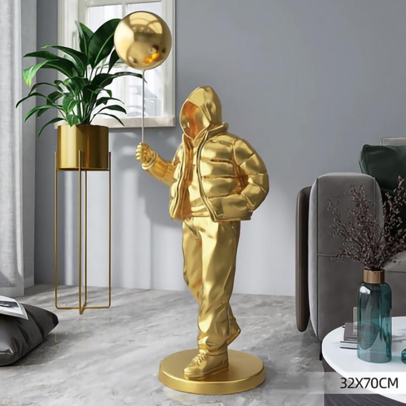 Shop 0 Golden 100cm Nordic Style Originality Balloon Boy Floor Figure Statue Home Decoration Large Landing Living Room Decor Sculpture Figurine Mademoiselle Home Decor