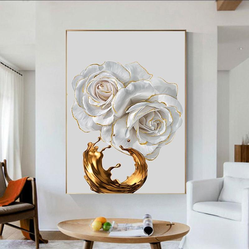 Shop 0 White Rose Flower Golden Ink Splash Abstract Poster Nordic Art Plant Canvas Painting Modern Wall Picture for Living Room Decor Mademoiselle Home Decor