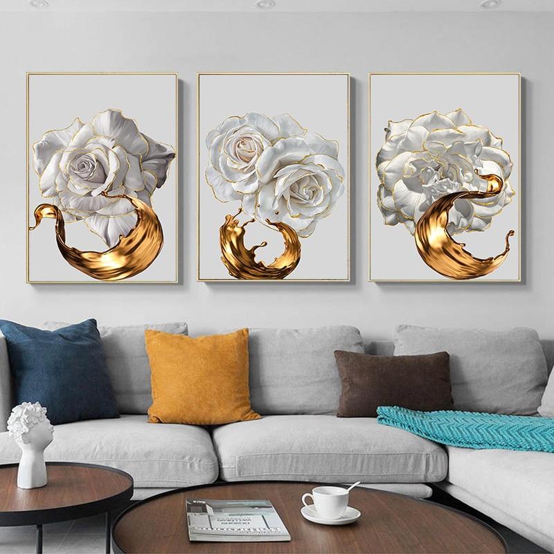 Shop 0 White Rose Flower Golden Ink Splash Abstract Poster Nordic Art Plant Canvas Painting Modern Wall Picture for Living Room Decor Mademoiselle Home Decor