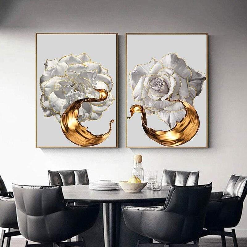 Shop 0 White Rose Flower Golden Ink Splash Abstract Poster Nordic Art Plant Canvas Painting Modern Wall Picture for Living Room Decor Mademoiselle Home Decor