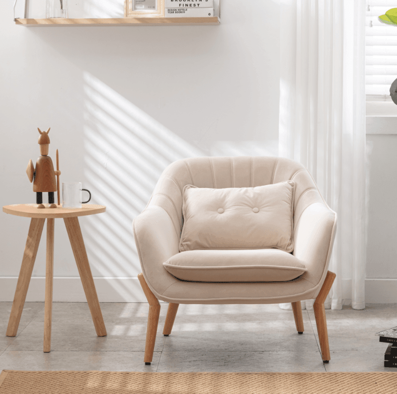 Shop Mid-century modern transitional armchair in velvet fabric upholstered and natural wood finish, reading chair,Beige Mademoiselle Home Decor