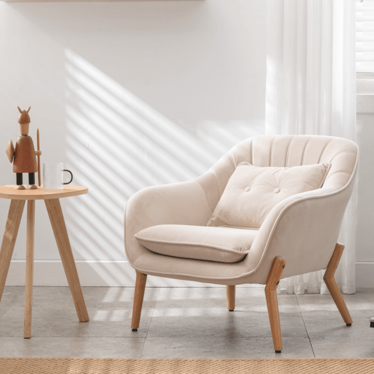 Shop Mid-century modern transitional armchair in velvet fabric upholstered and natural wood finish, reading chair,Beige Mademoiselle Home Decor