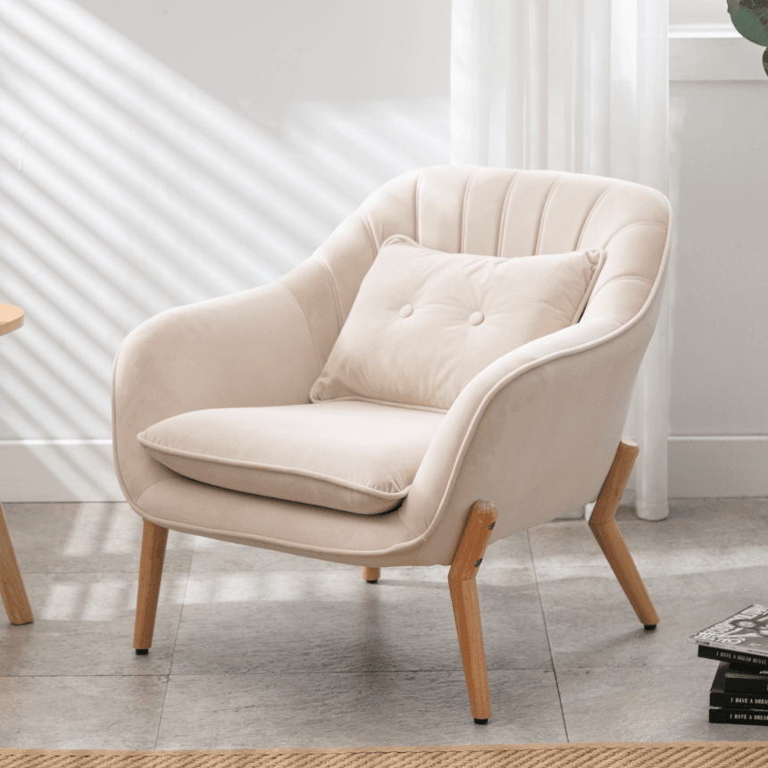 Shop Mid-century modern transitional armchair in velvet fabric upholstered and natural wood finish, reading chair,Beige Mademoiselle Home Decor