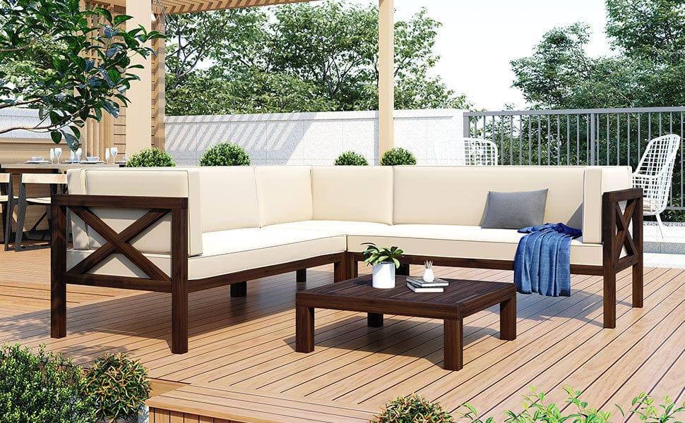 Shop TOPMAX Outdoor Wood Patio Backyard 4-Piece Sectional Seating Group with Cushions and Table X-Back Sofa Set for Small Places, Brown Finish+Beige Cushions Mademoiselle Home Decor