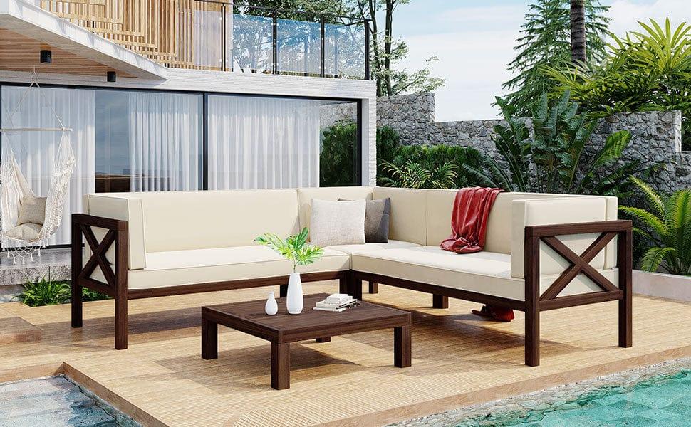 Shop TOPMAX Outdoor Wood Patio Backyard 4-Piece Sectional Seating Group with Cushions and Table X-Back Sofa Set for Small Places, Brown Finish+Beige Cushions Mademoiselle Home Decor