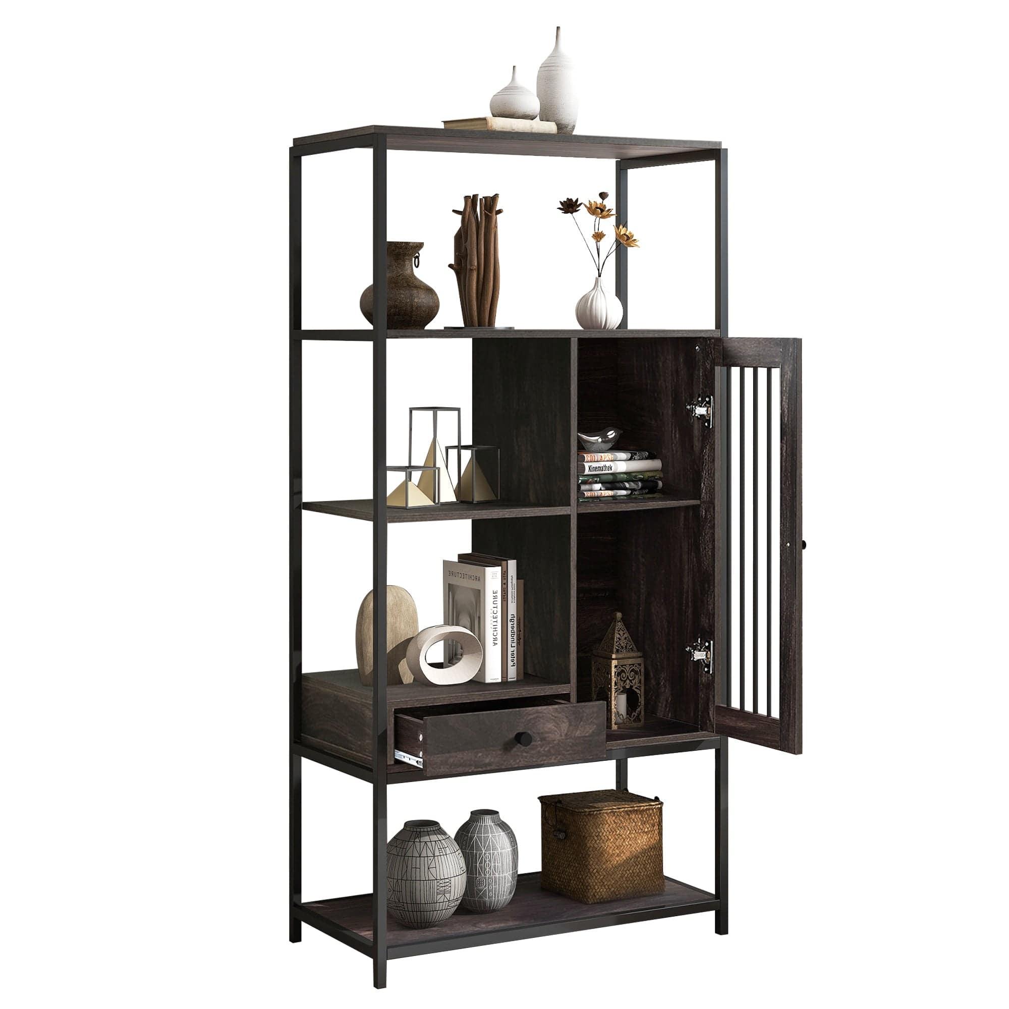 Shop Home Office Bookcase and Bookshelf 5 Tier Display Shelf with Doors and Drawers, Freestanding Multi-functional Decorative Storage Shelving, Vintage Brown Industrial Style (Brown) Mademoiselle Home Decor