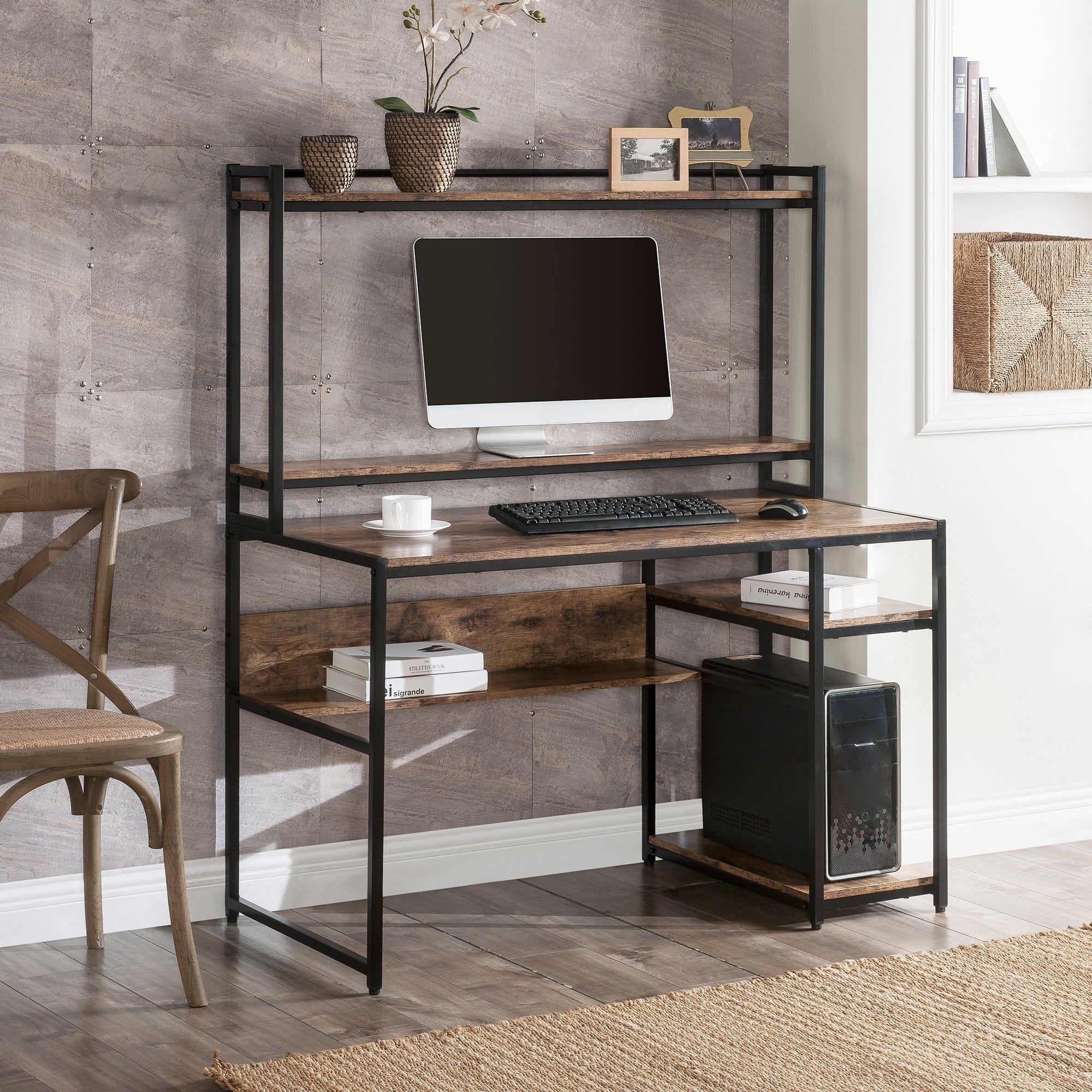 Shop Home Office Computer Desk with 2-Tier Bookshelf and Open Storage Shelf/Equipped with Removable Monitor Riser(Brown) Mademoiselle Home Decor