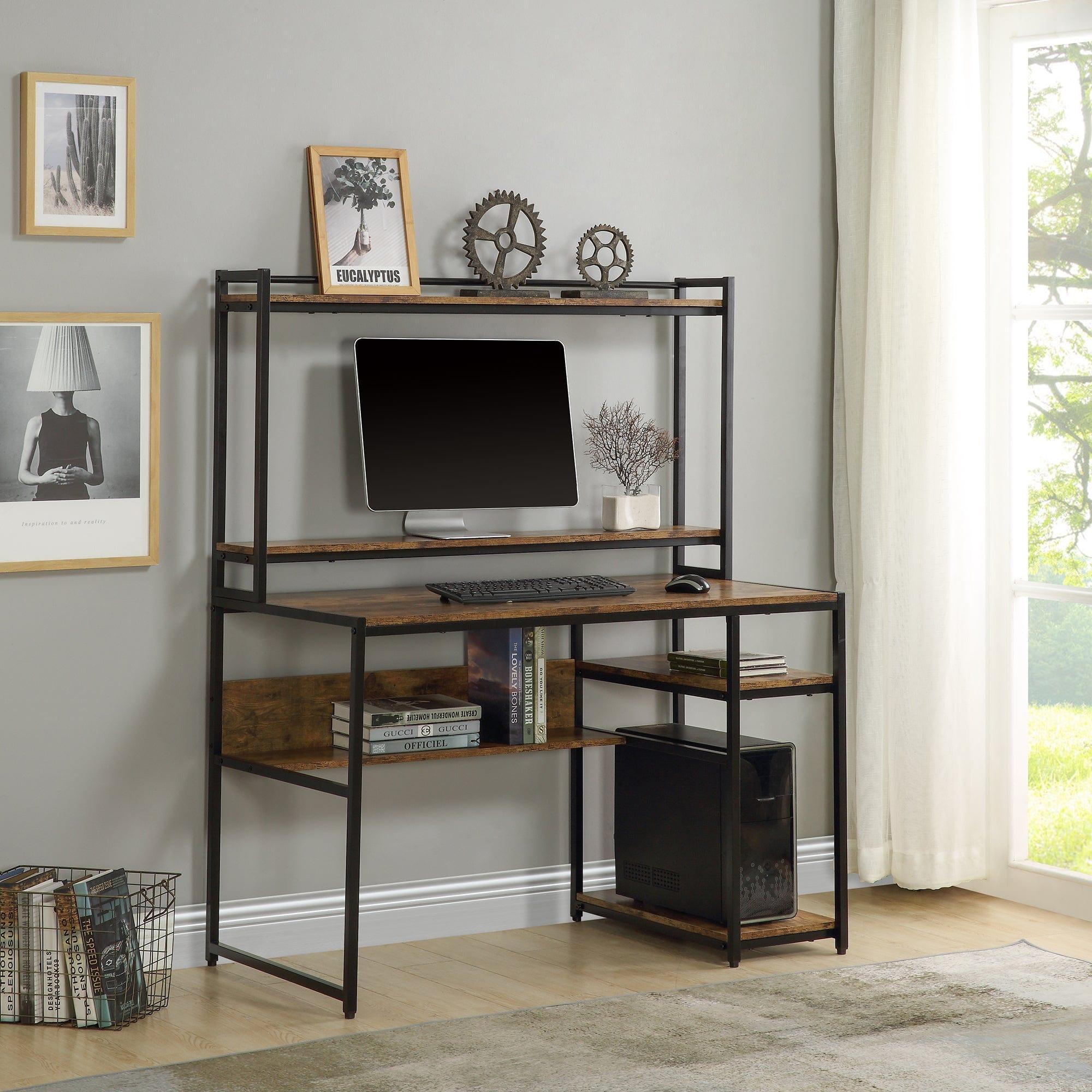 Shop Home Office Computer Desk with 2-Tier Bookshelf and Open Storage Shelf/Equipped with Removable Monitor Riser(Brown) Mademoiselle Home Decor
