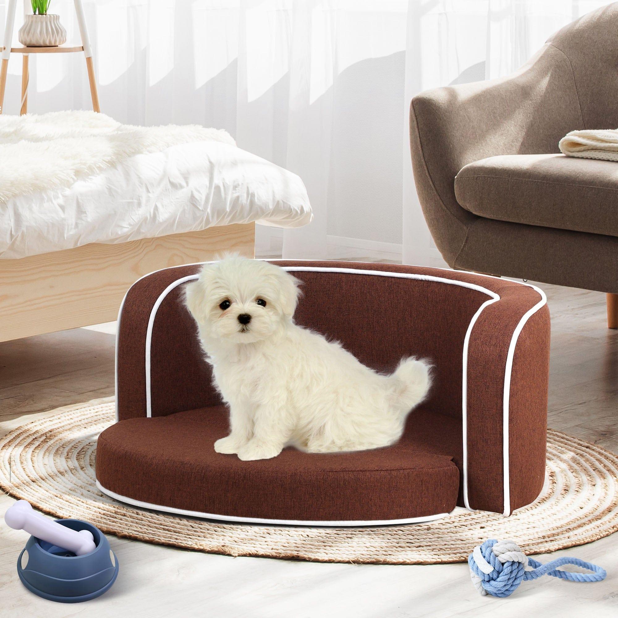 Shop 30" Brown Round Pet Sofa, Dog sofa, Dog bed, Cat Bed, Cat Sofa, with Wooden Structure and Linen Goods White Roller Lines on the Edges Curved Appearance pet Sofa with Cushion Mademoiselle Home Decor