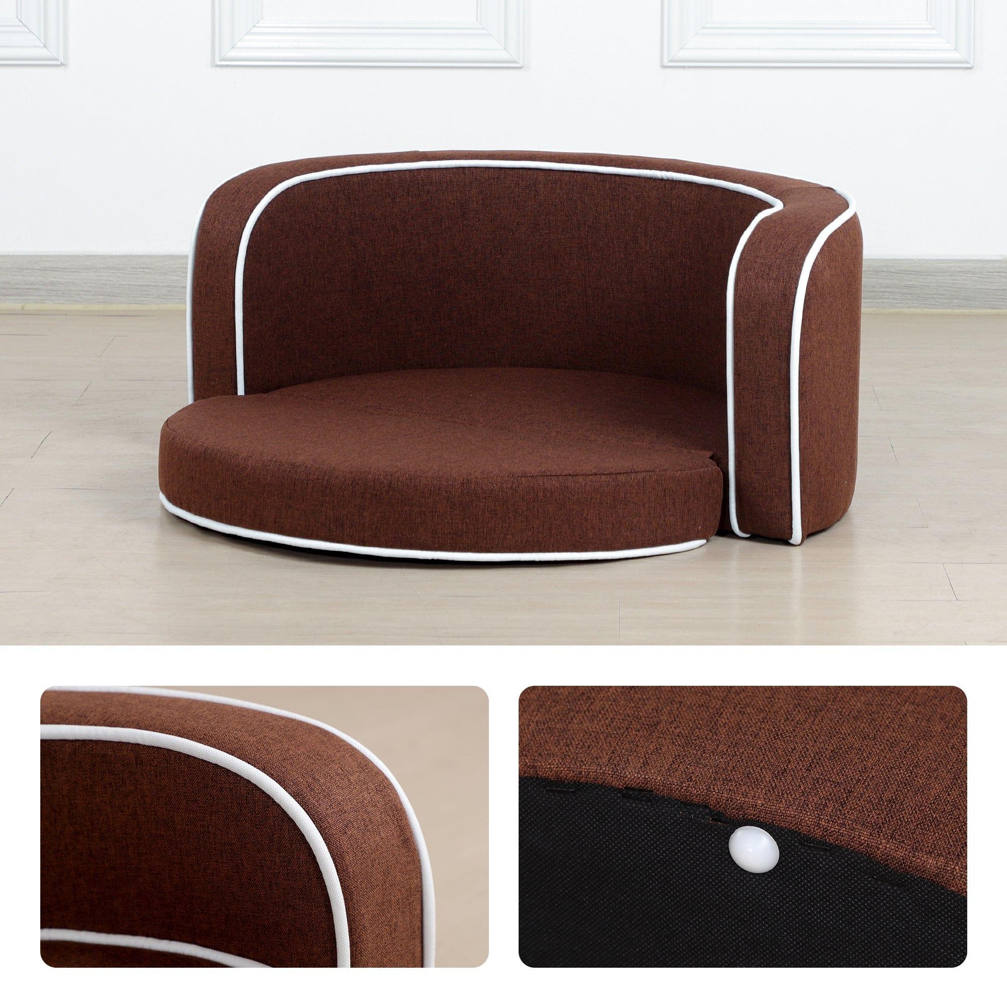 Shop 30" Brown Round Pet Sofa, Dog sofa, Dog bed, Cat Bed, Cat Sofa, with Wooden Structure and Linen Goods White Roller Lines on the Edges Curved Appearance pet Sofa with Cushion Mademoiselle Home Decor