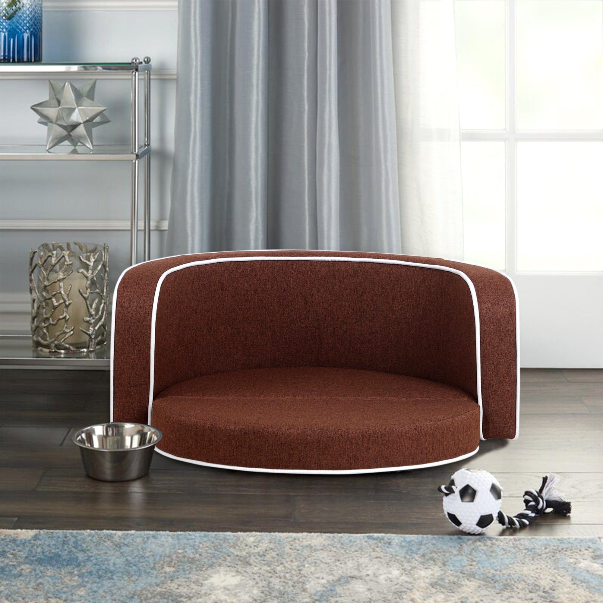 Shop 30" Brown Round Pet Sofa, Dog sofa, Dog bed, Cat Bed, Cat Sofa, with Wooden Structure and Linen Goods White Roller Lines on the Edges Curved Appearance pet Sofa with Cushion Mademoiselle Home Decor