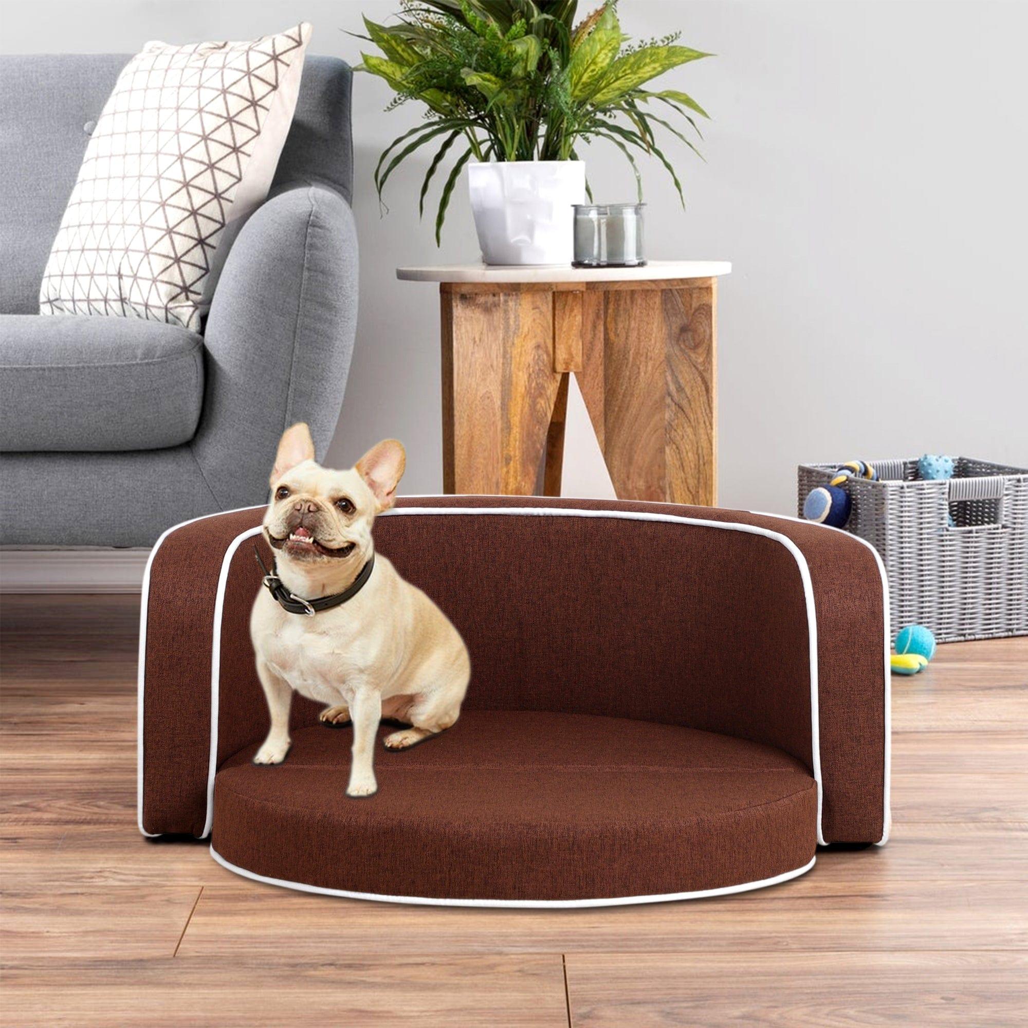 Shop 30" Brown Round Pet Sofa, Dog sofa, Dog bed, Cat Bed, Cat Sofa, with Wooden Structure and Linen Goods White Roller Lines on the Edges Curved Appearance pet Sofa with Cushion Mademoiselle Home Decor