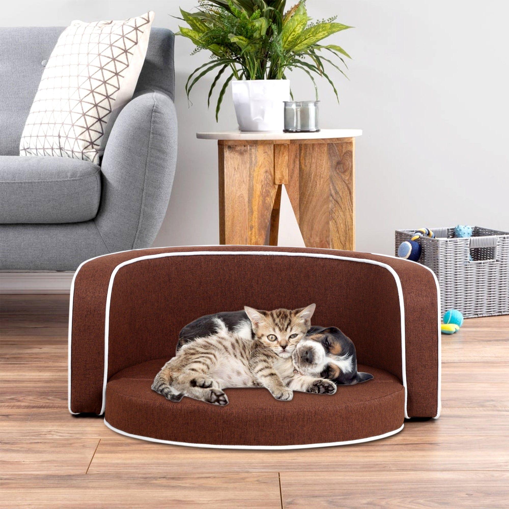 Shop 30" Brown Round Pet Sofa, Dog sofa, Dog bed, Cat Bed, Cat Sofa, with Wooden Structure and Linen Goods White Roller Lines on the Edges Curved Appearance pet Sofa with Cushion Mademoiselle Home Decor