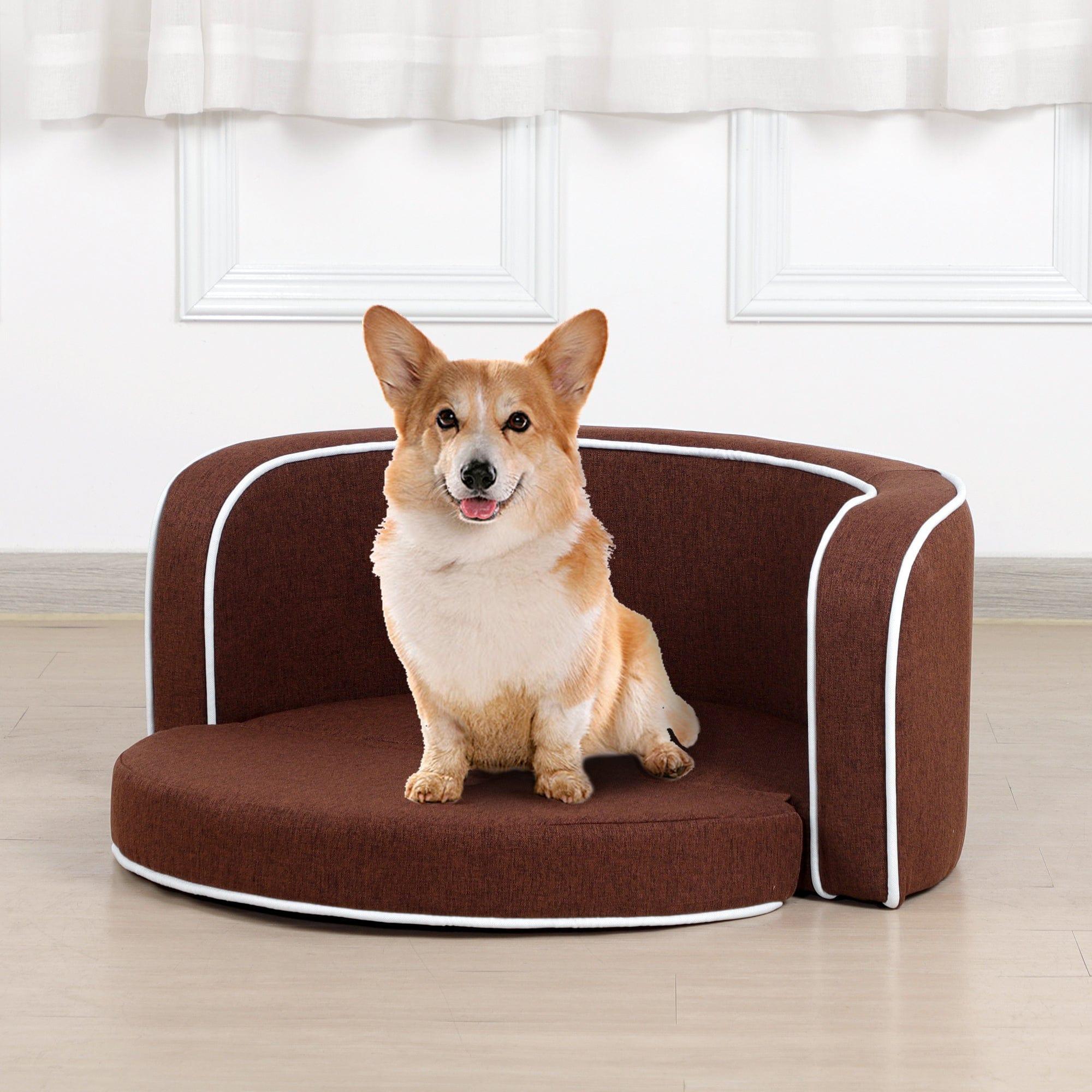 Shop 30" Brown Round Pet Sofa, Dog sofa, Dog bed, Cat Bed, Cat Sofa, with Wooden Structure and Linen Goods White Roller Lines on the Edges Curved Appearance pet Sofa with Cushion Mademoiselle Home Decor