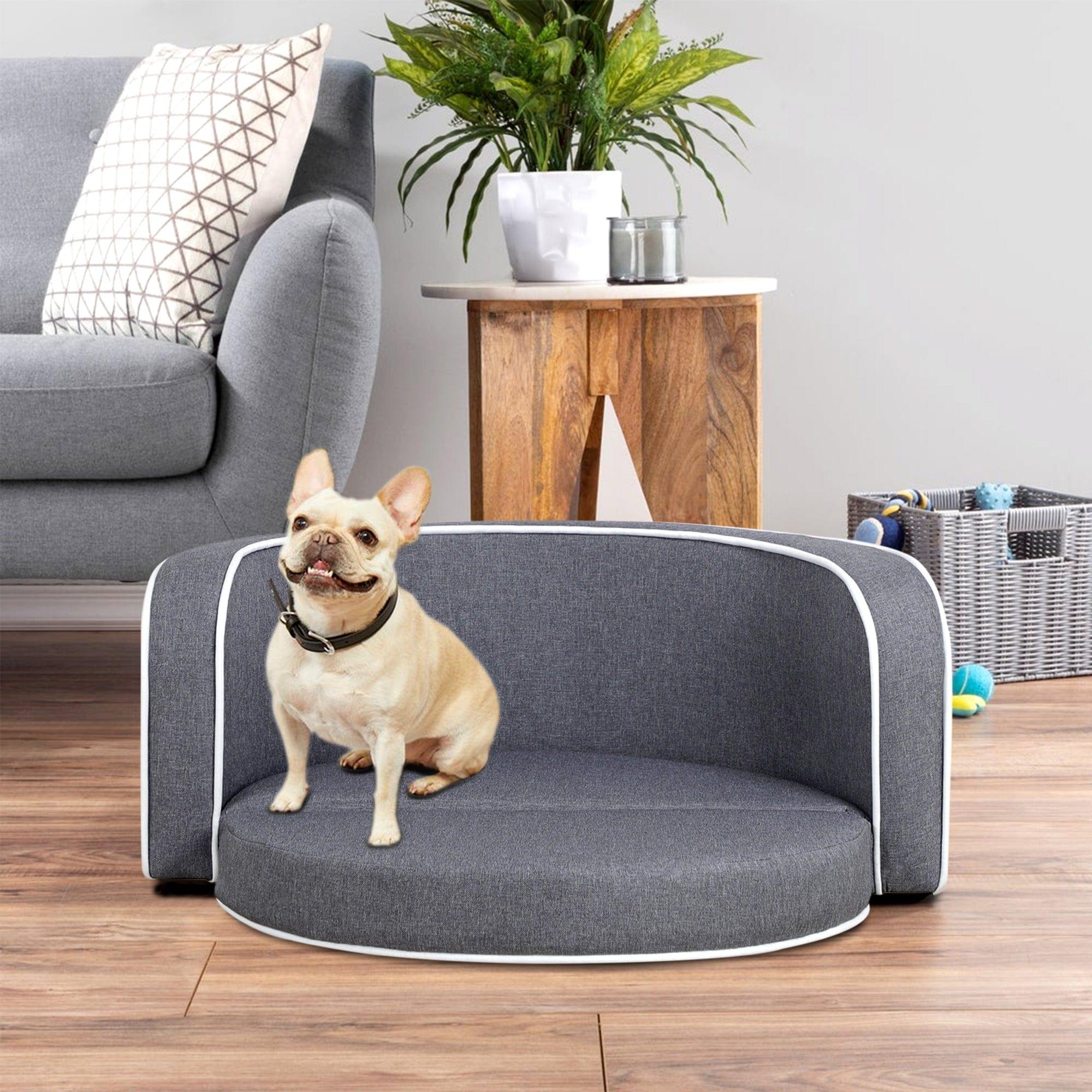 Shop 30" Gray Pet Sofa, Dog sofa, Dog bed, Cat Bed, Cat Sofa, with Wooden Structure and Linen Goods White Roller Lines on the Edges Curved Appearance pet Sofa with Cushion Mademoiselle Home Decor