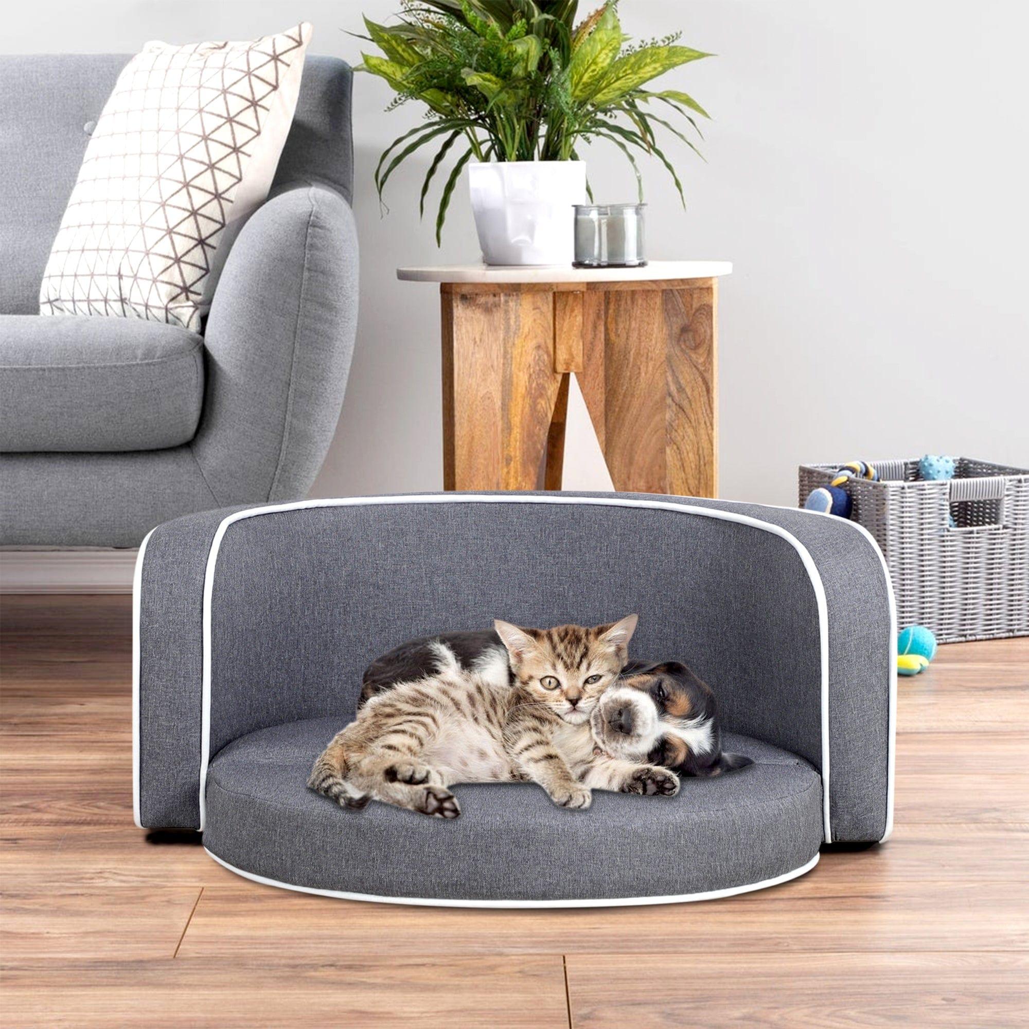 Shop 30" Gray Pet Sofa, Dog sofa, Dog bed, Cat Bed, Cat Sofa, with Wooden Structure and Linen Goods White Roller Lines on the Edges Curved Appearance pet Sofa with Cushion Mademoiselle Home Decor