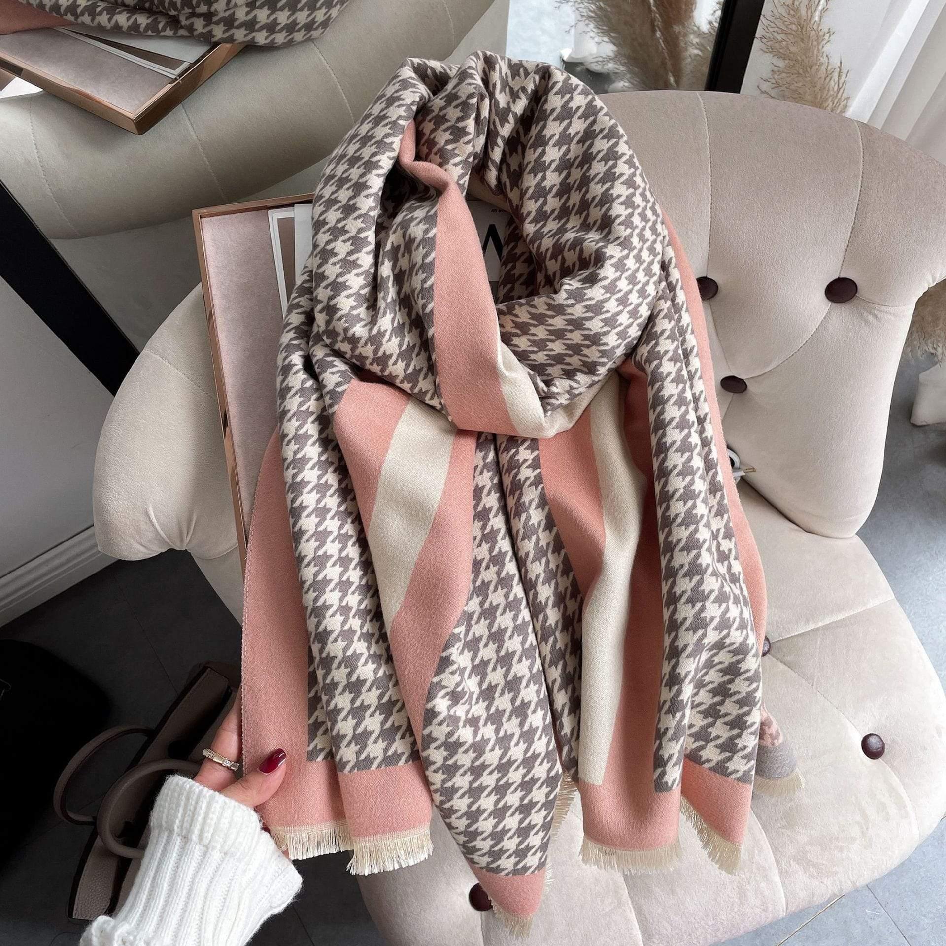 Shop 0 Thick Warm Winter Scarf Houndstooth Design Print Women Cashmere Pashmina Shawl Lady Wrap Scarves Knitted Female Foulard Blanket Mademoiselle Home Decor