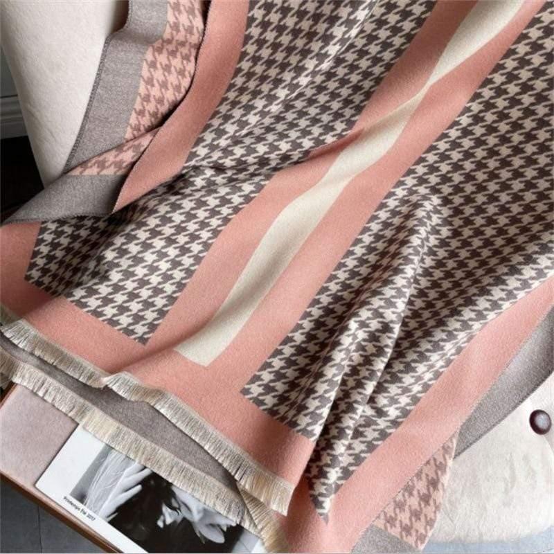 Shop 0 Grey Pink / 180-65 Thick Warm Winter Scarf Houndstooth Design Print Women Cashmere Pashmina Shawl Lady Wrap Scarves Knitted Female Foulard Blanket Mademoiselle Home Decor
