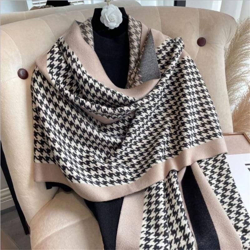 Shop 0 camel / 180-65 Thick Warm Winter Scarf Houndstooth Design Print Women Cashmere Pashmina Shawl Lady Wrap Scarves Knitted Female Foulard Blanket Mademoiselle Home Decor