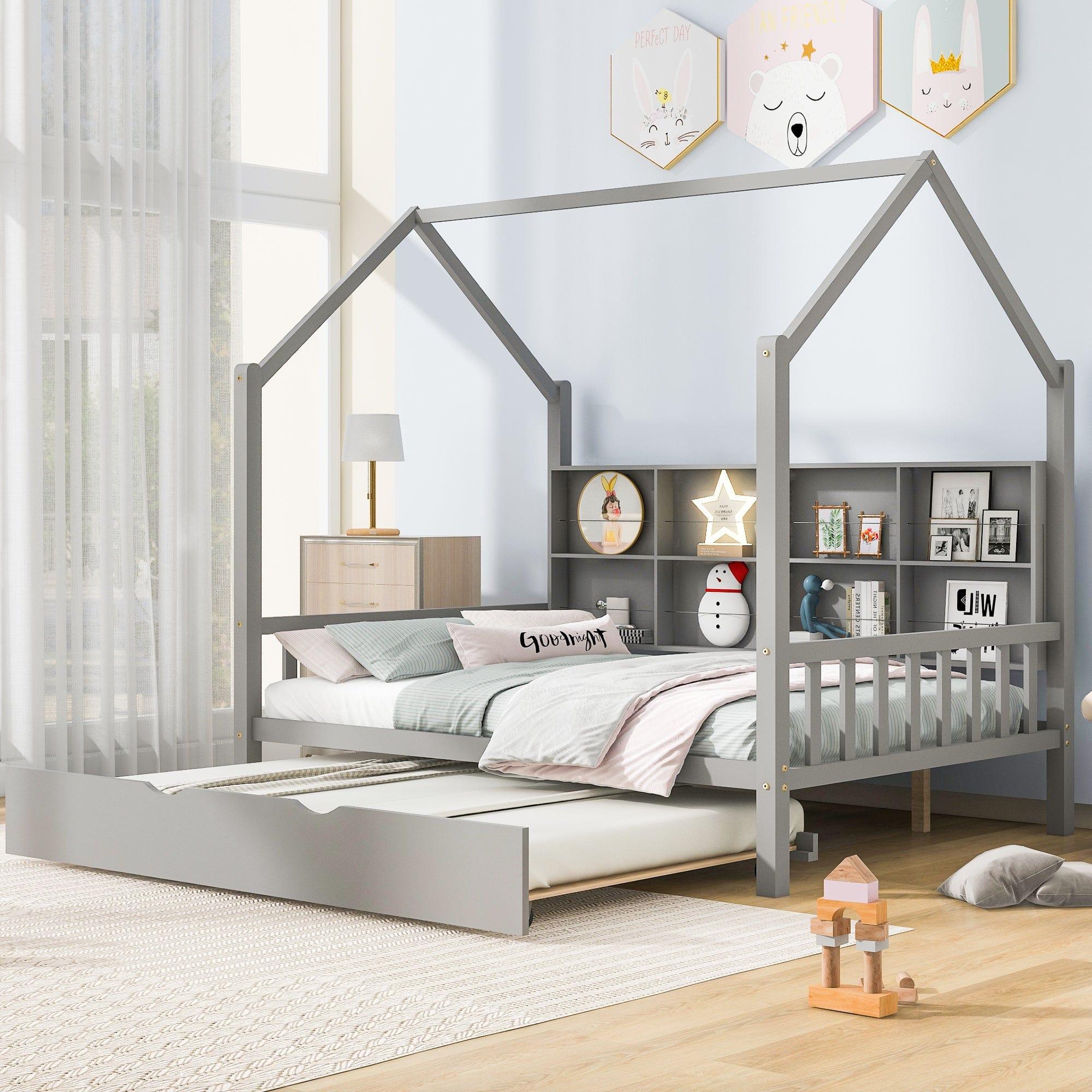 Shop Wooden Full Size House Bed with Trundle,Kids Bed with Shelf, Gray Mademoiselle Home Decor