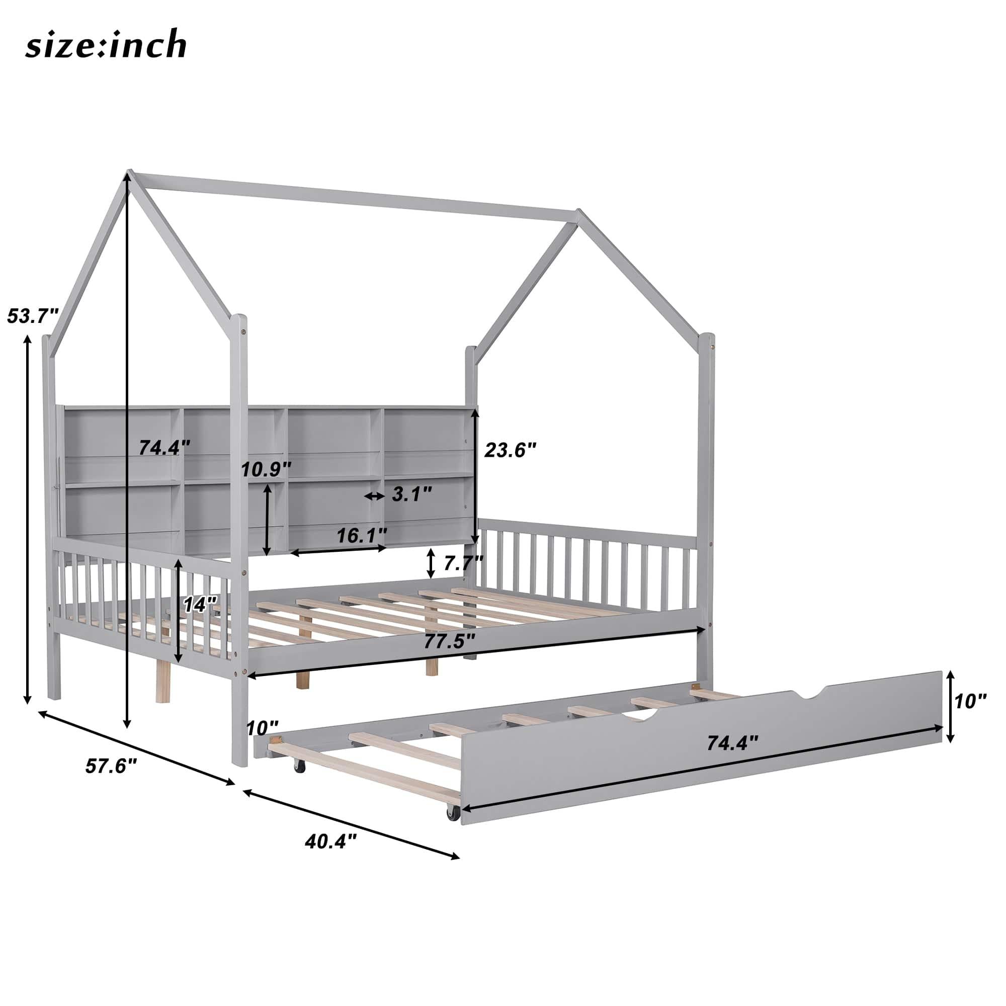 Shop Wooden Full Size House Bed with Trundle,Kids Bed with Shelf, Gray Mademoiselle Home Decor