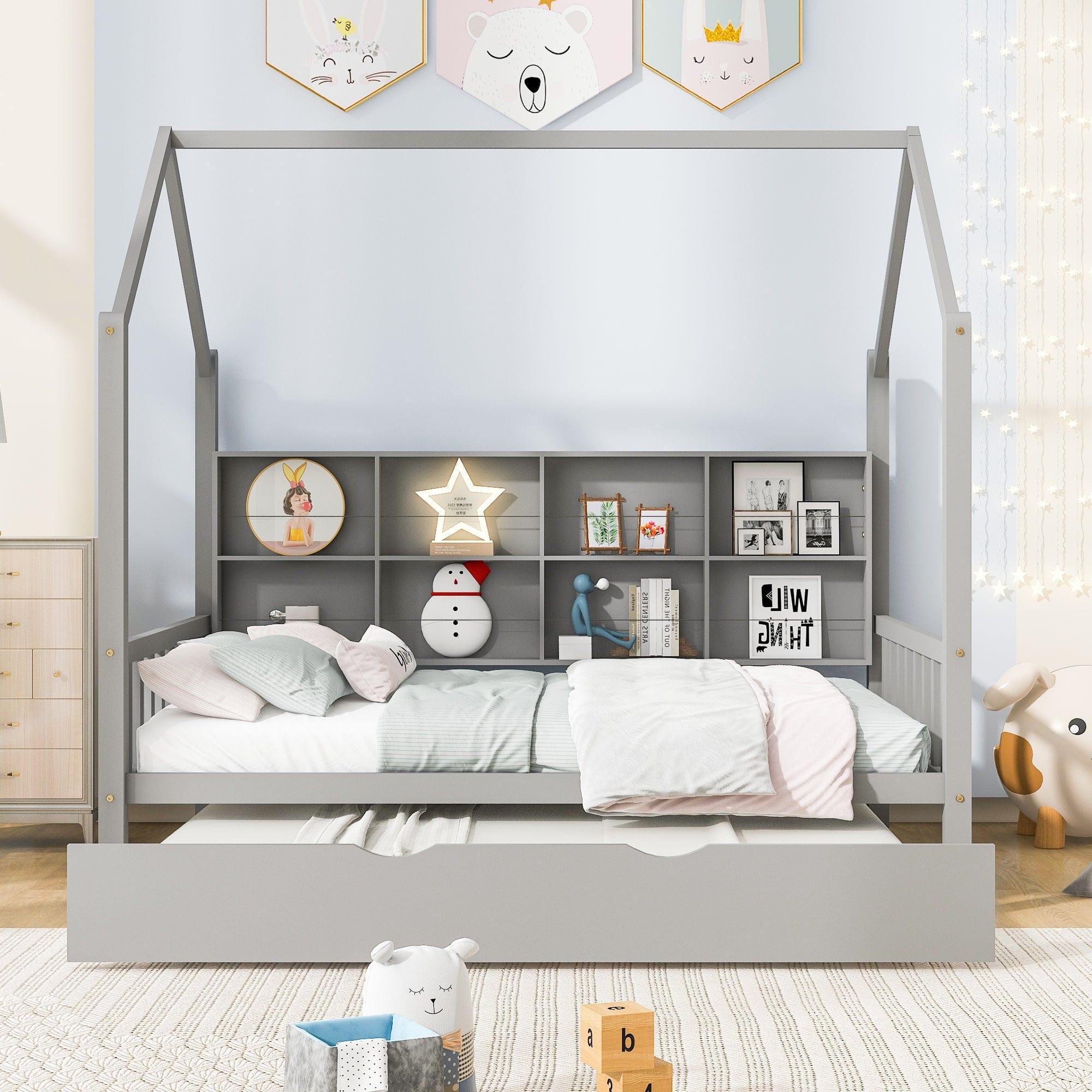 Shop Wooden Full Size House Bed with Trundle,Kids Bed with Shelf, Gray Mademoiselle Home Decor