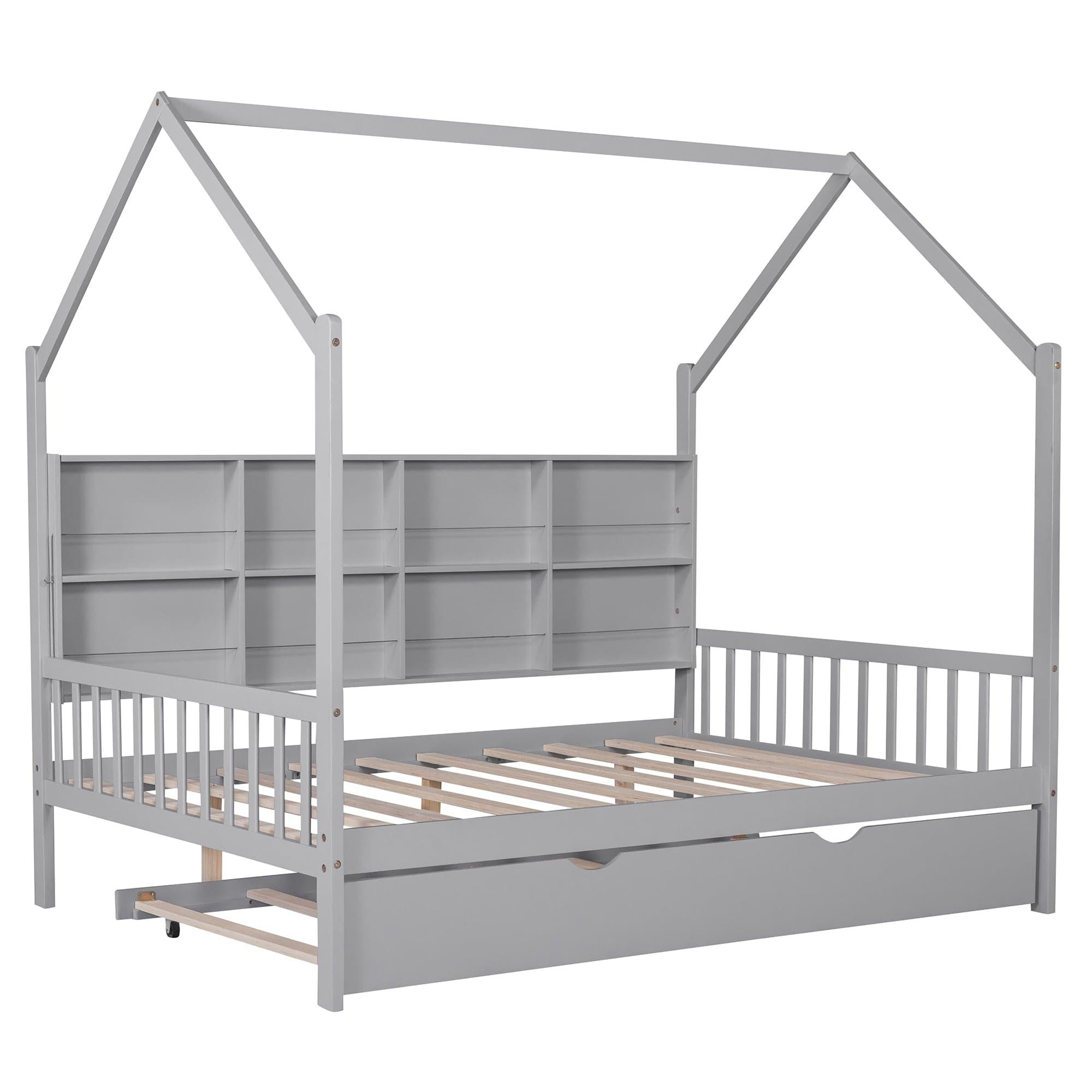 Shop Wooden Full Size House Bed with Trundle,Kids Bed with Shelf, Gray Mademoiselle Home Decor