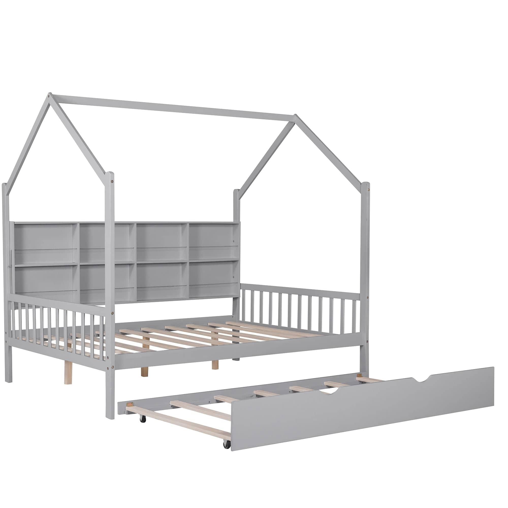 Shop Wooden Full Size House Bed with Trundle,Kids Bed with Shelf, Gray Mademoiselle Home Decor