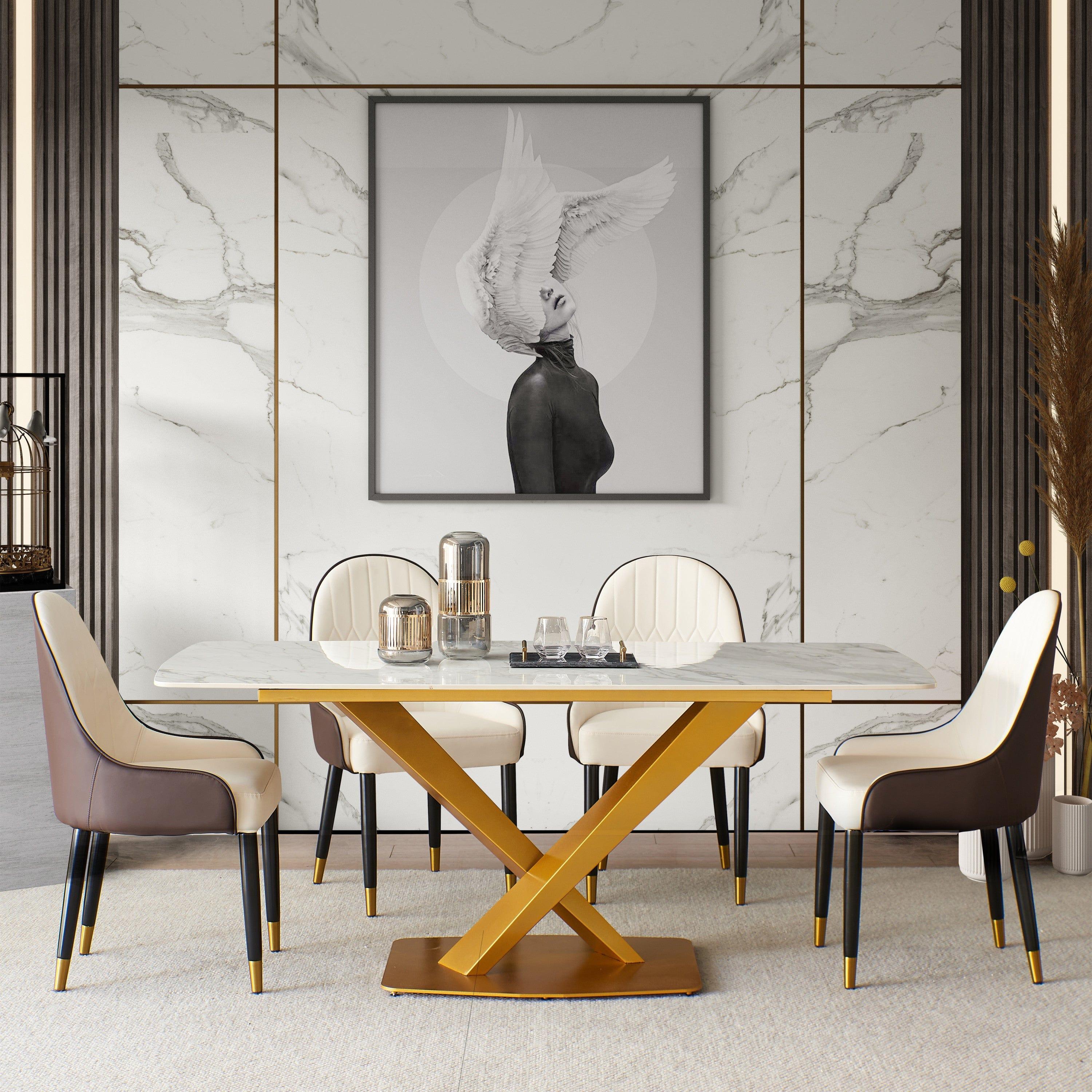 Shop Sintered stone dinning table ,Carrara white color , Modern Dinning table with solid Gold Carbon Stell base 63" Mademoiselle Home Decor