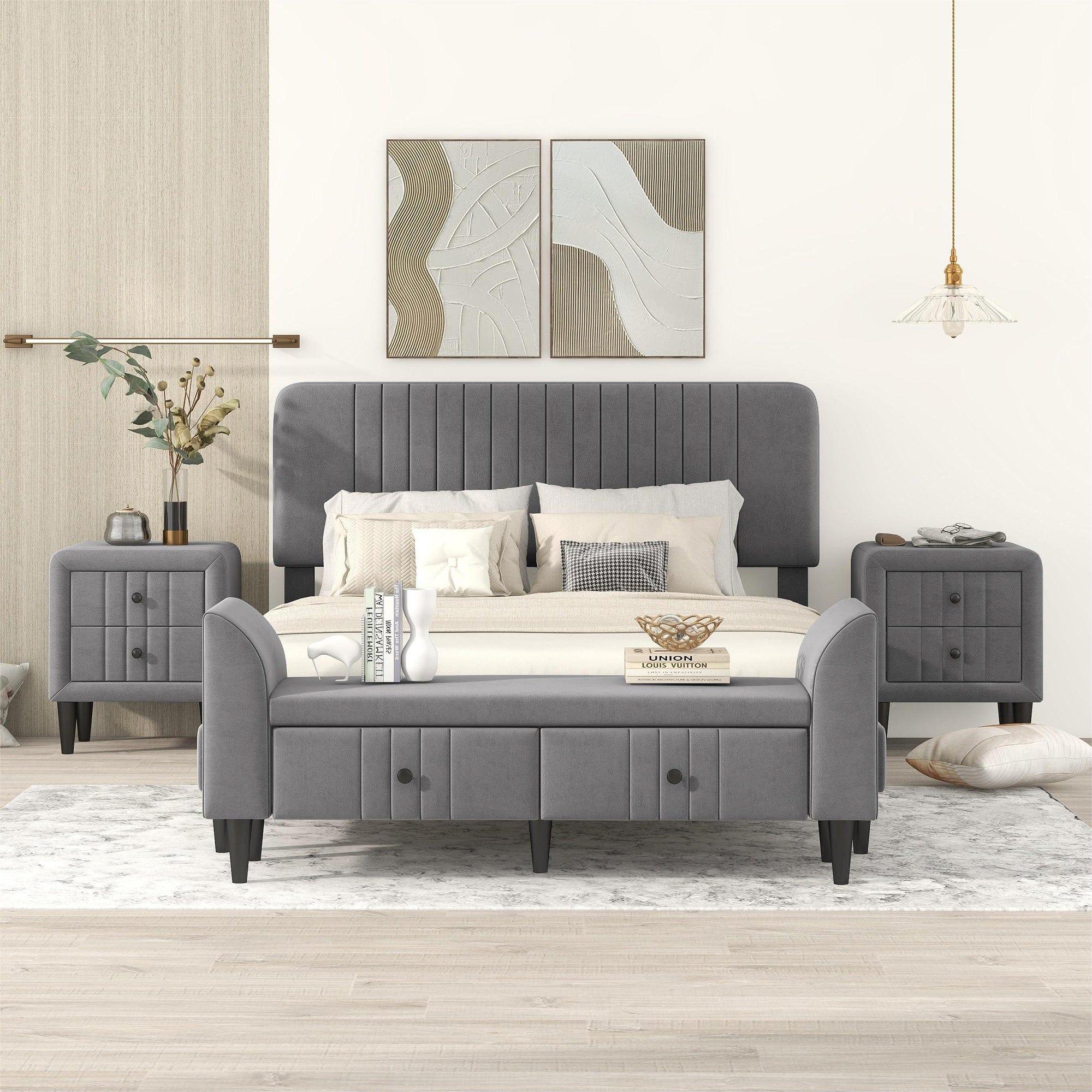 Shop 4-Pieces Bedroom Sets Queen Size Upholstered Platform Bed with Two Nightstands and Storage Bench-Gray Mademoiselle Home Decor