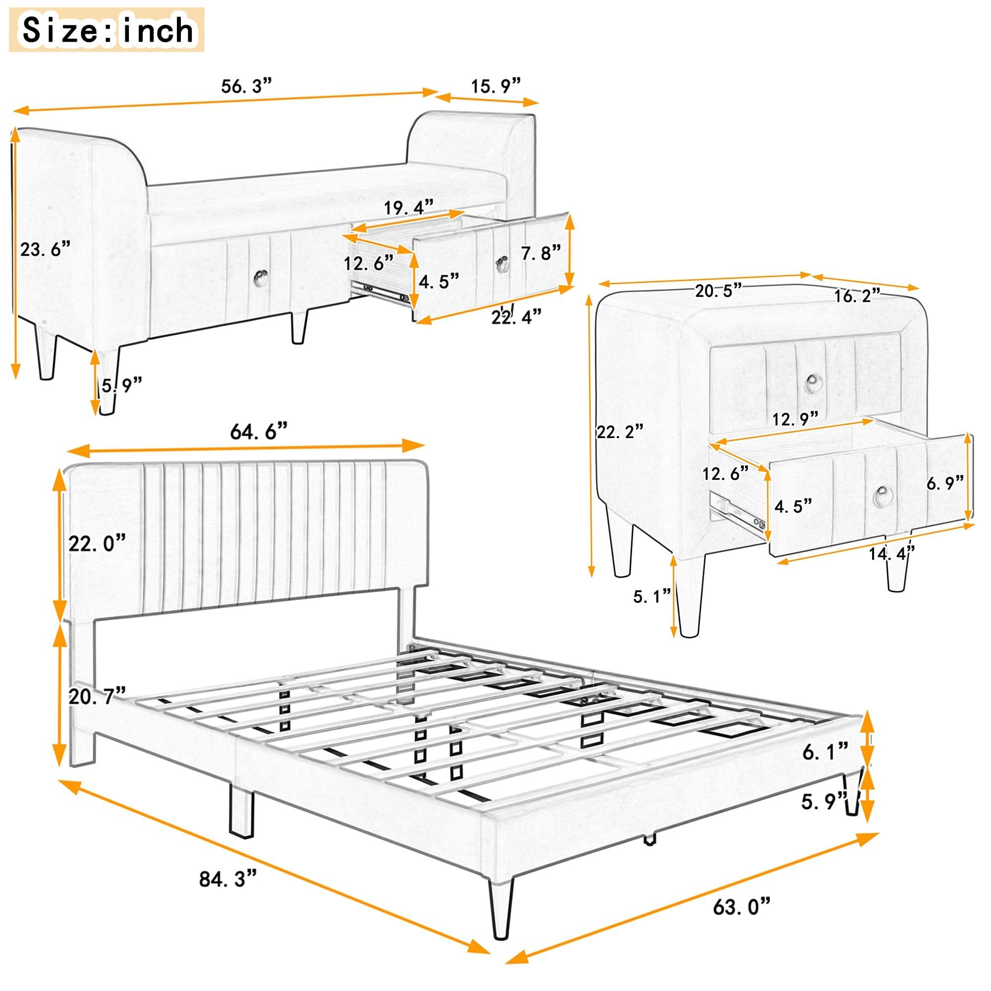 Shop 4-Pieces Bedroom Sets Queen Size Upholstered Platform Bed with Two Nightstands and Storage Bench-Gray Mademoiselle Home Decor