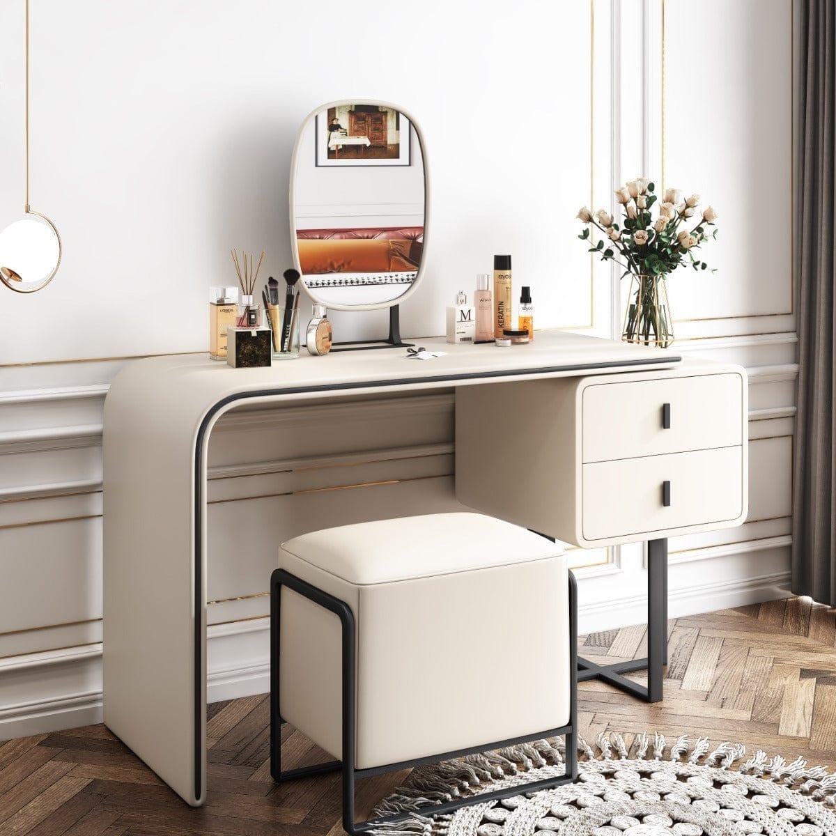 Shop Modern Extendable Makeup Vanity Table with PU Leather, 2 Solid Wood Drawers, Side Cabinet, HD Mirror & Upholstered Stool Included, Mademoiselle Home Decor