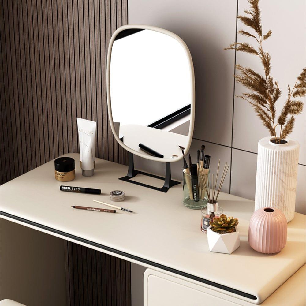 Shop Modern Extendable Makeup Vanity Table with PU Leather, 2 Solid Wood Drawers, Side Cabinet, HD Mirror & Upholstered Stool Included, Mademoiselle Home Decor